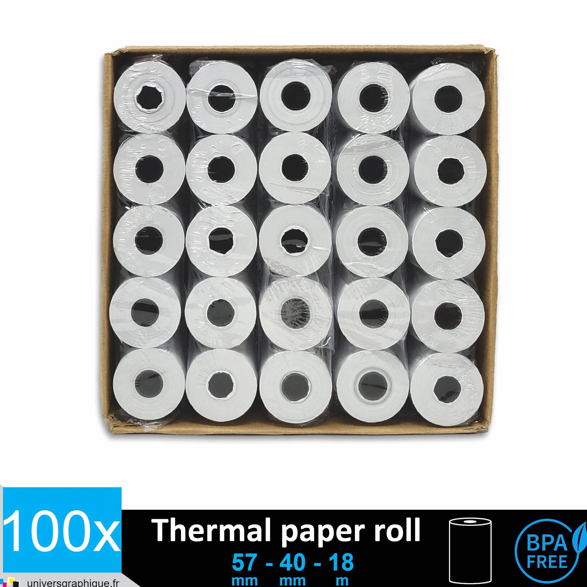 UniversGraphique 100 Rotoli di Carta Termica per Stampare Scontrini, 57mm x 40mm, Carta Bianca di Alta Qualità senza BPA