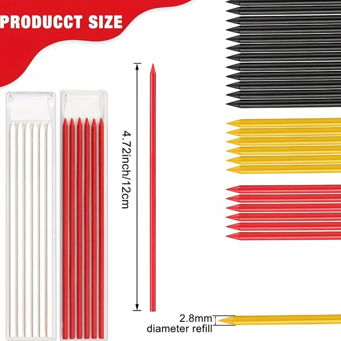 MROOFUL 36 ricariche per matite 2,8 mm mine da falegname con foro profondo solido per costruzione meccanica set rosso