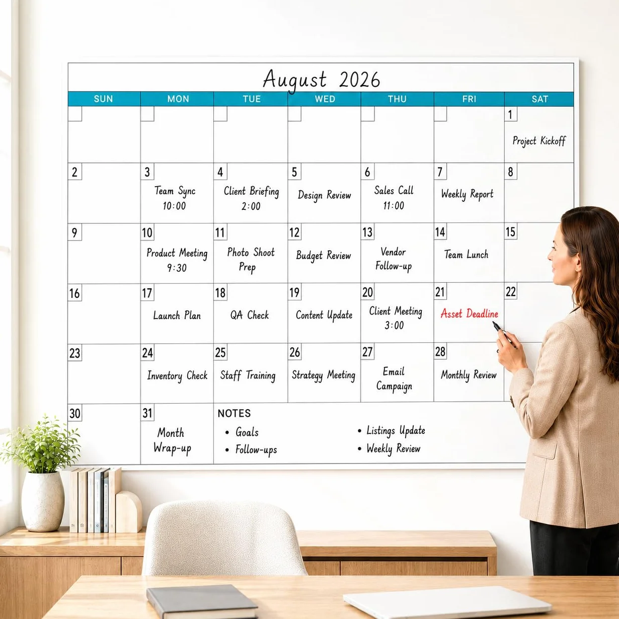 Calendario da parete cancellabile a secco, 96,5 x 147,3 cm, calendario giornaliero senza data, riutilizzabile, laminato per 30 giorni, per ufficio, classe, casa (senza pieghe)