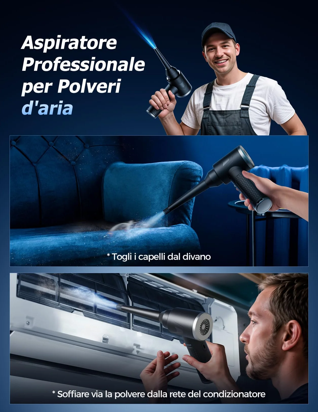 Aria Compressa Elettrico 3 Velocità con Luce LED, 100.000 Giri/Min, Batteria 9000 mAh, Kit Pulizia PC