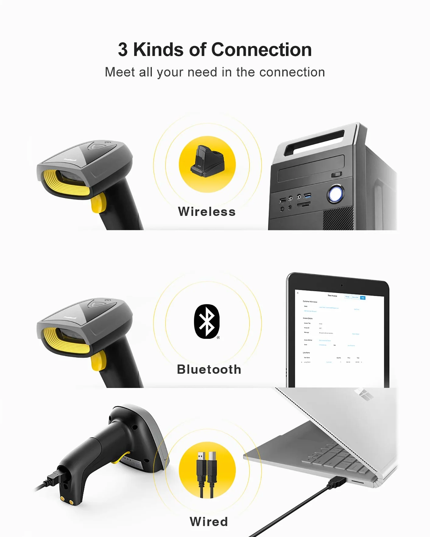 Inateck 2D Lettore per codici a barre, codici QR con base Smart, Wireless, Bluetooth, lettura su schermo, BCST-52
