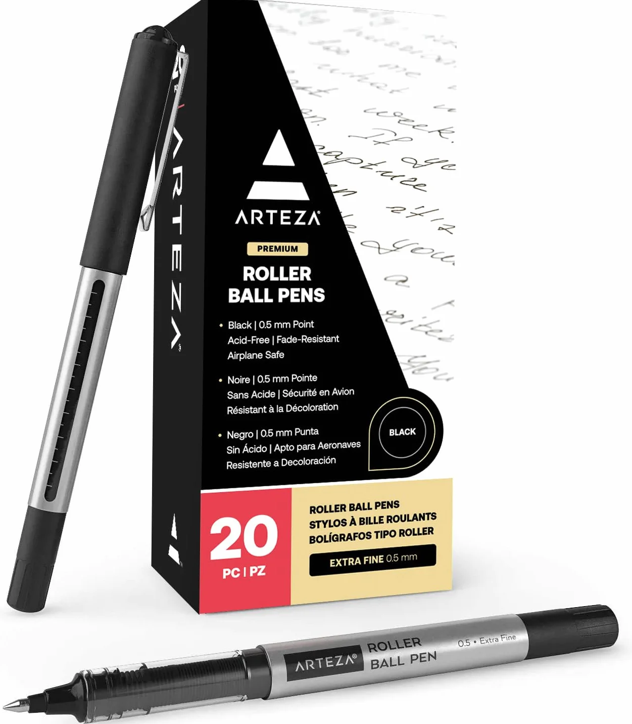 ARTEZA, Confezione da 20 penne a inchiostro liquido nero da 0,5 mm per bullet journal, penne a sfera a punta fine, forniture per ufficio per scrivere, prendere appunti e fare schizzi