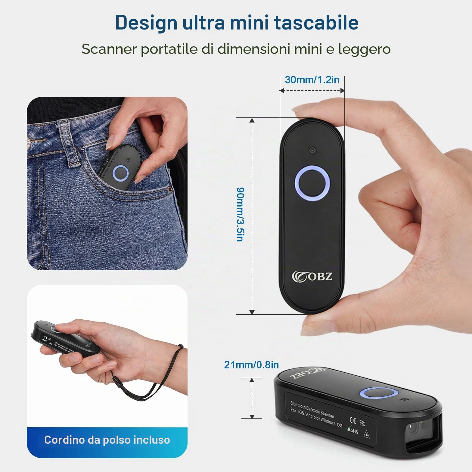 OBZ Mini Lettore Codice a Barre Wireless 1D 2D QR - Lettore Barcode Bluetooth (USB Cablato + 2.4GHz) Scanner Portatile per PC, Android, Mac OS, iOS, Phone
