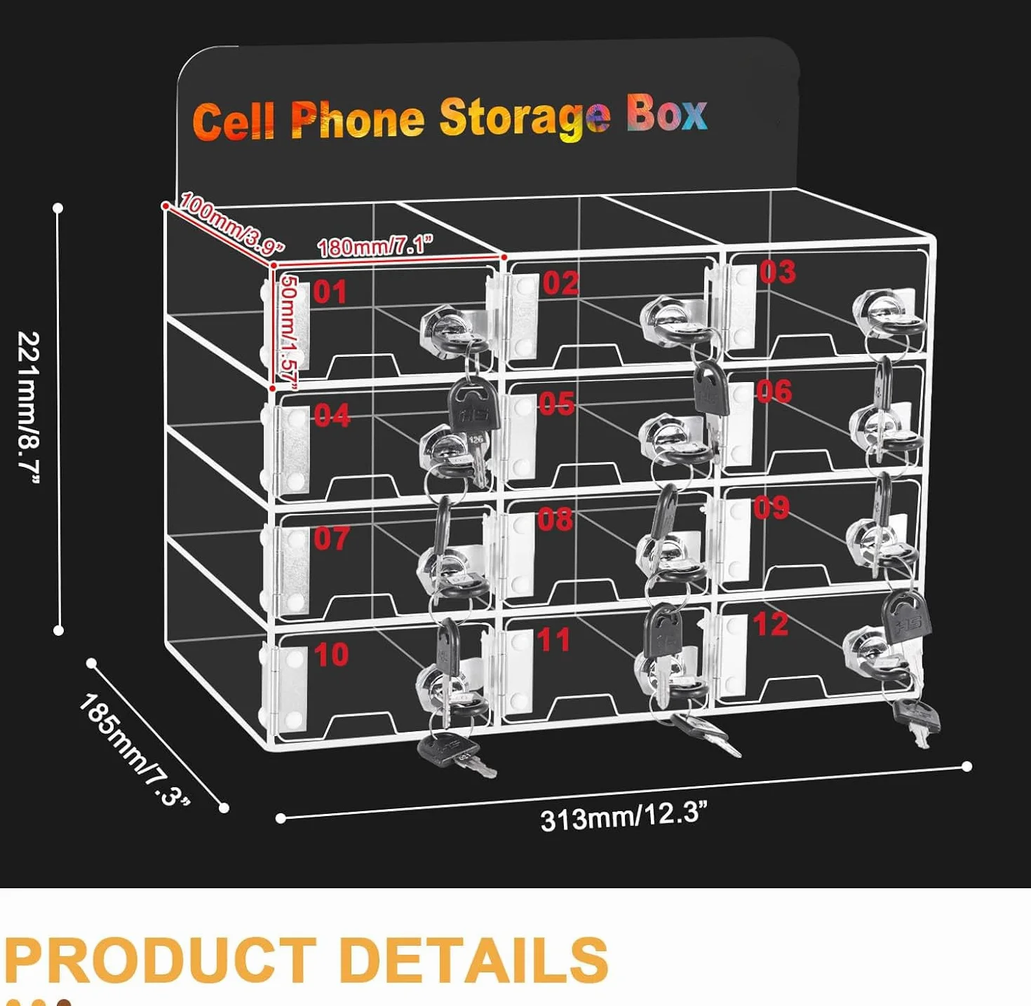MXBAOHENG Armadietto per cellulare in acrilico, a parete, con serrature e chiavi, organizzatore per cellulare, per ufficio, scuola, aula (12 scomparti)