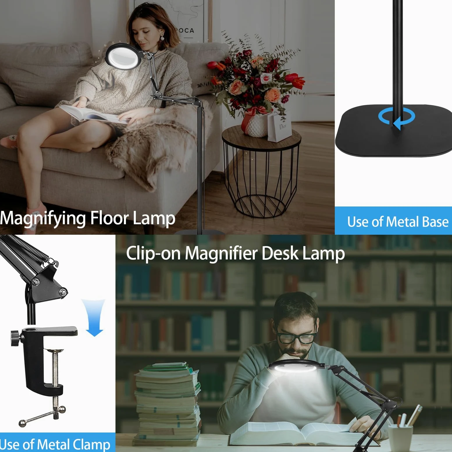 12 X lente d'ingrandimento da pavimento con luce e supporto, flessibile, braccio girevole con 54 LED, 5 modalità di colore a intensità variabile, lente d'ingrandimento libera illuminata per lettura,