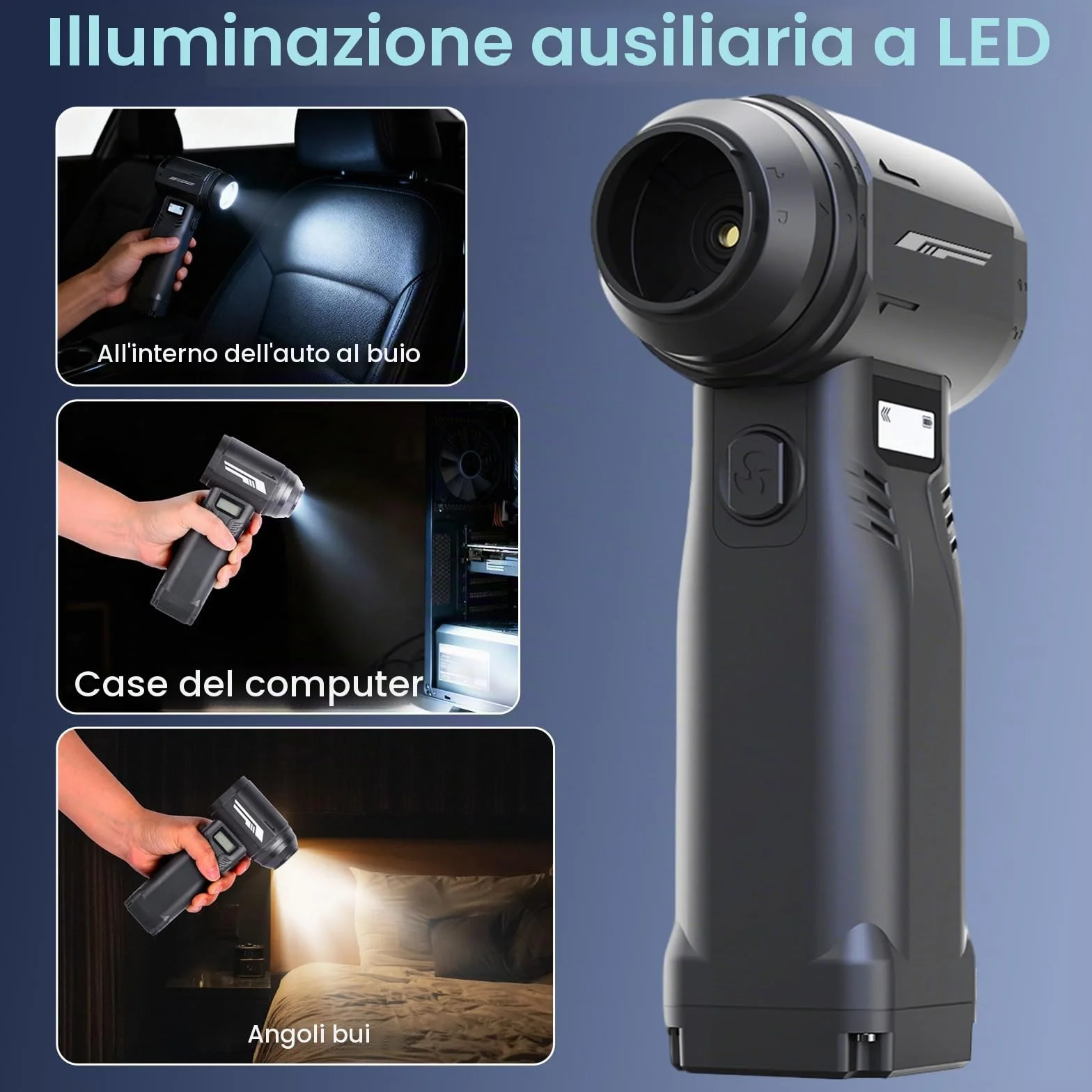 Soffiatore ad Aria Compressa, Ventola a 9 Velocità, 130000giri/min, Pressione del Vento 540g, con Luce LED e Display HD, Ricarica di Tipo C, per la Rimozione Della Polvere da Computer, Case e Veicoli