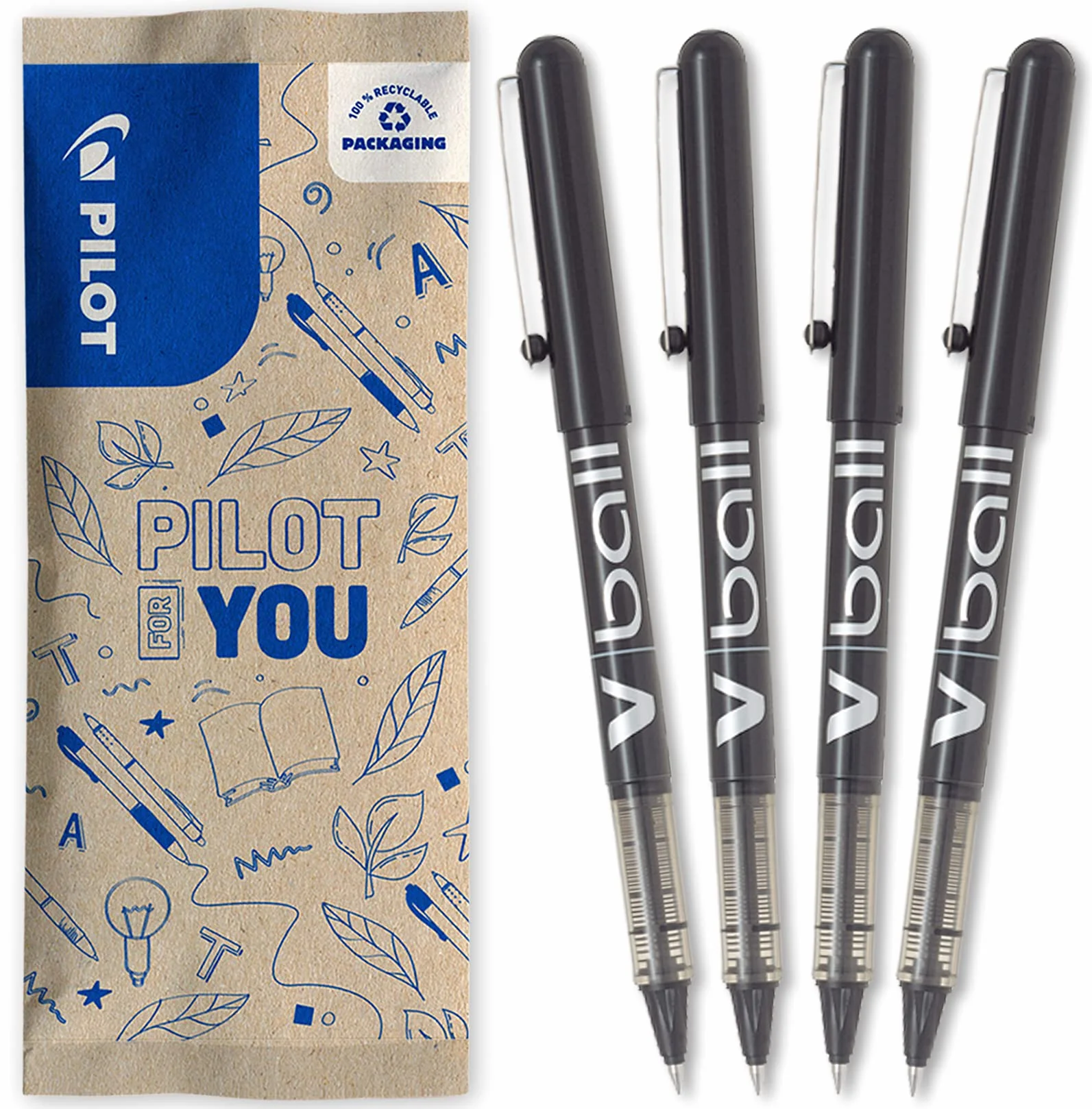Set di 4 Penne Roller PILOT V-Ball 05, Punta Conica Fine, Inchiostro Liquido, Asciugatura Rapida, Nero
