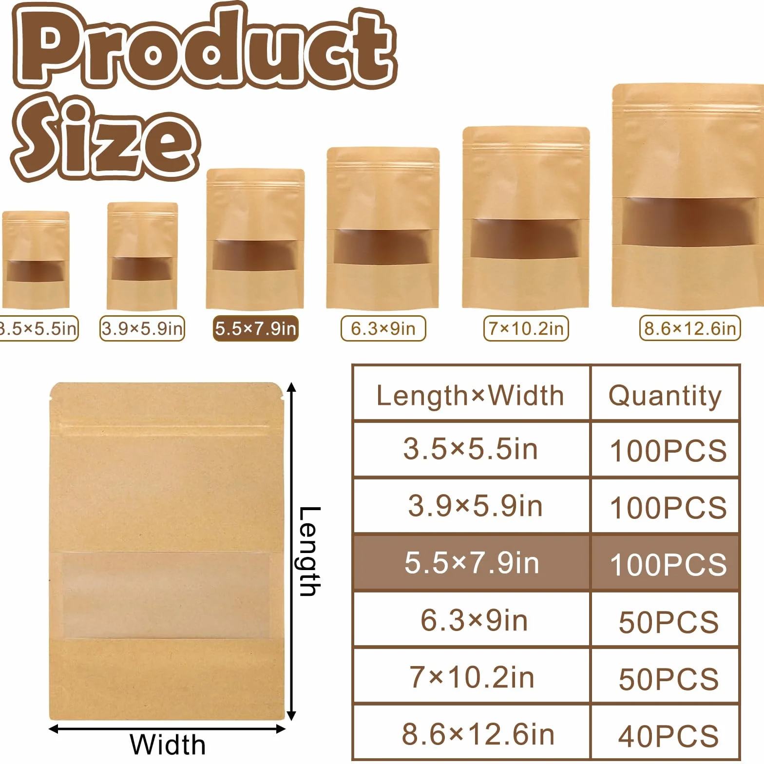 Sacchetti Carta Kraft Alimentare con Finestra e Chiusura 14x20cm Marrone 100 Pezzi