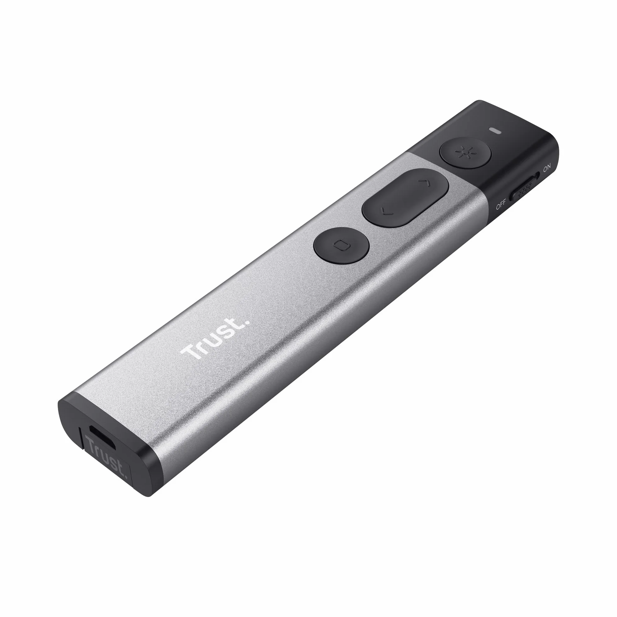 Trust Kazun Dispositivo per Presentazioni Wireless, Design Moderno Ultrasottile, Portata del Segnale Wireless 30 metri, 4 Funzioni PowerPoint, Porta USB, Windows 10, 11, Grigio