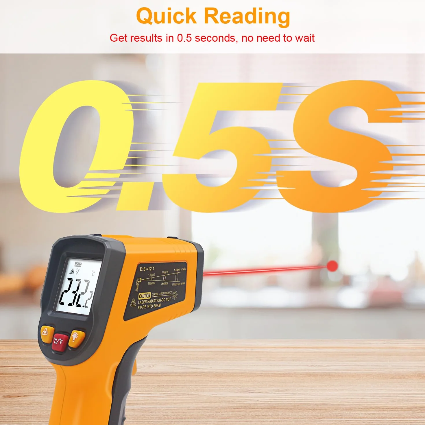KETOTEK Termometro Laser Infrarossi Digitale -50℃-600℃ Punto laser Senza contatto Batterie AAA incluse Giallo
