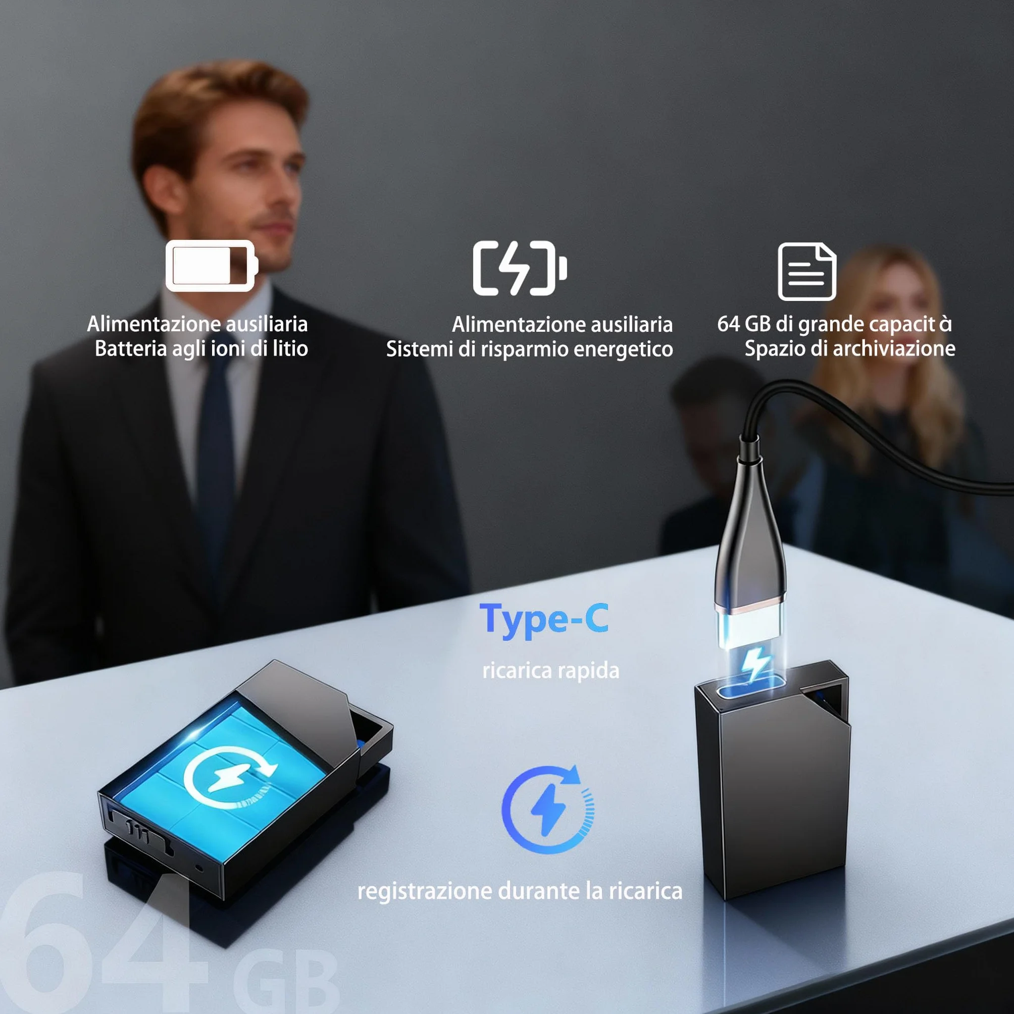 Registratore Vocale con, Memoria da 64GB, Ricaricabile USB, Registratore Vocale Spia e Funzioni Attivazione Vocale, Penna Mini Registratore Vocale Spia, Per Lezioni, Riunioni (3 * 2 * 0.6)