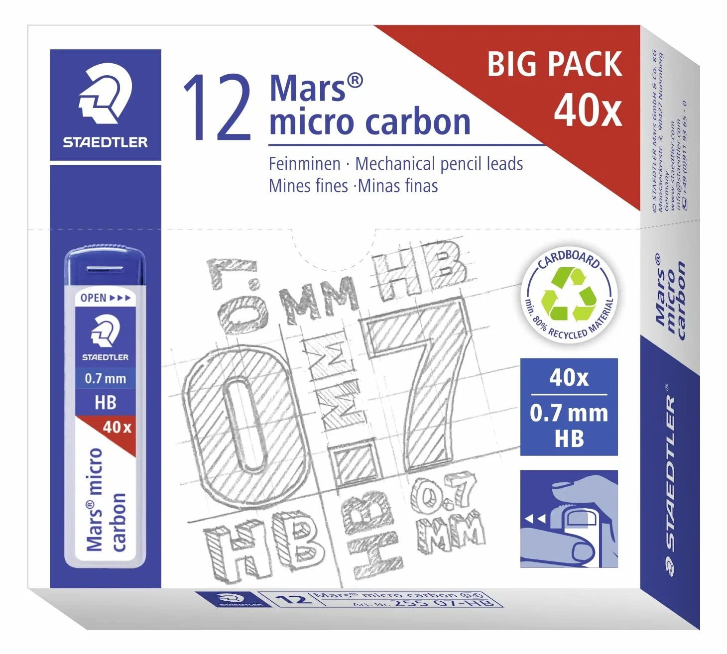 STAEDTLER 255 07-HB Mars Micro mine di ricarica per portamine – HB, 0,7 mm (confezione da 12 x tubi da 40 mine)