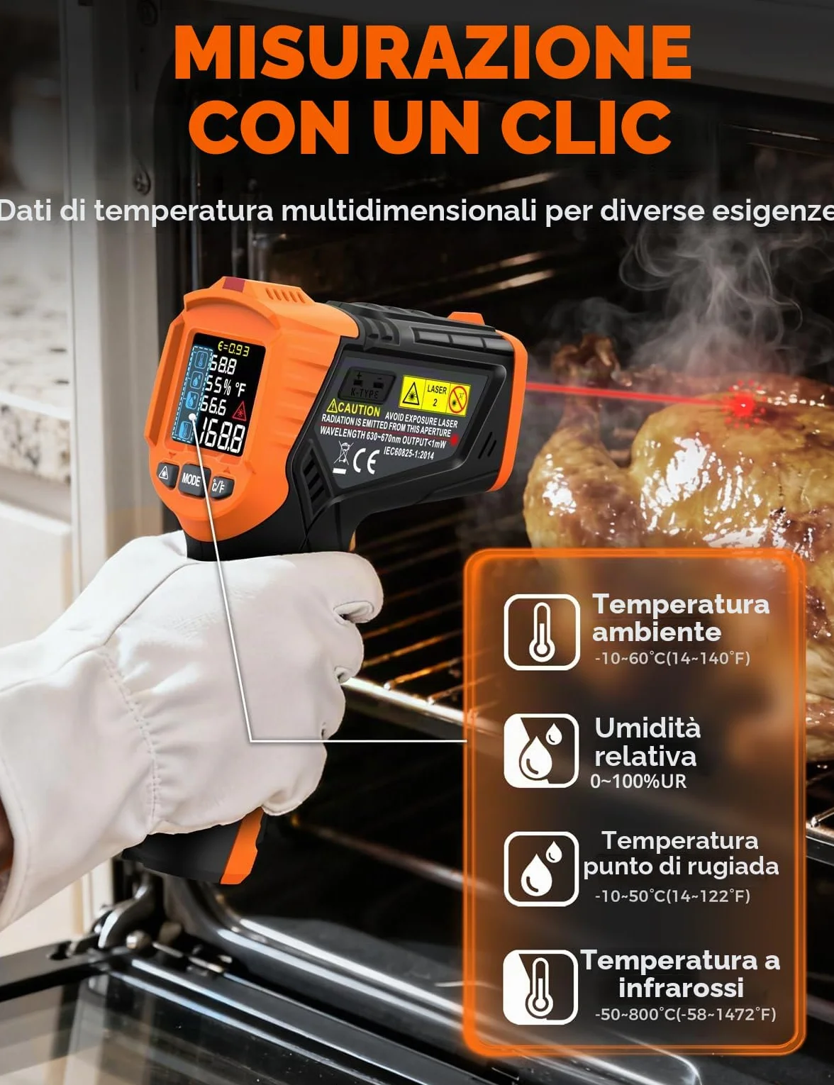 Termometro Infrarossi POROMETISTO 4 in 1, -50°C～800°C, Rilevamento Umidità, K-Sonda, Laser IR Pirometro Digitale