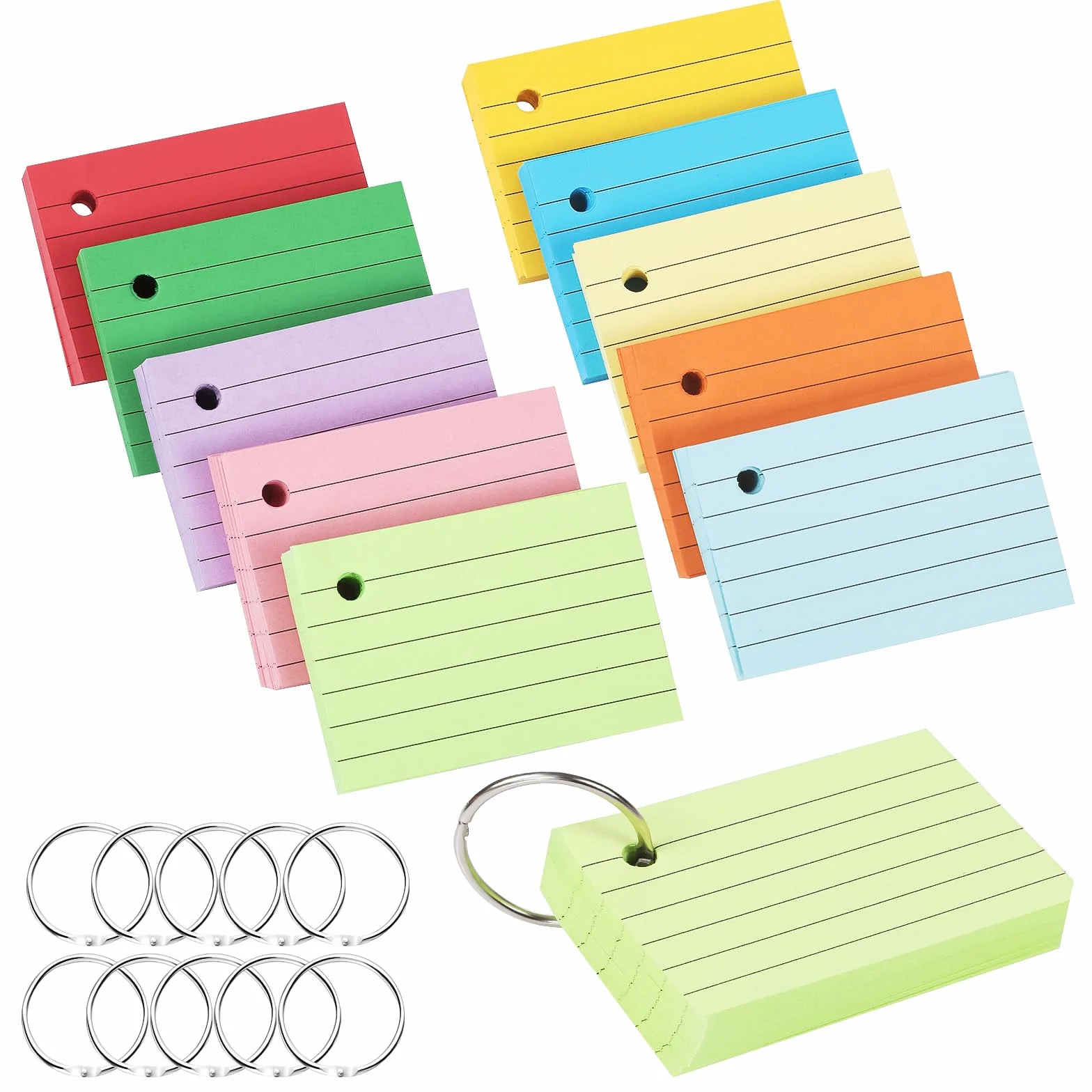 Yoosso 600 Pezzi Flash Card A8 7,4 x 5,1 cm Cartoncino a Righe Schede Indice con Anelli per Scuola Ufficio Studio