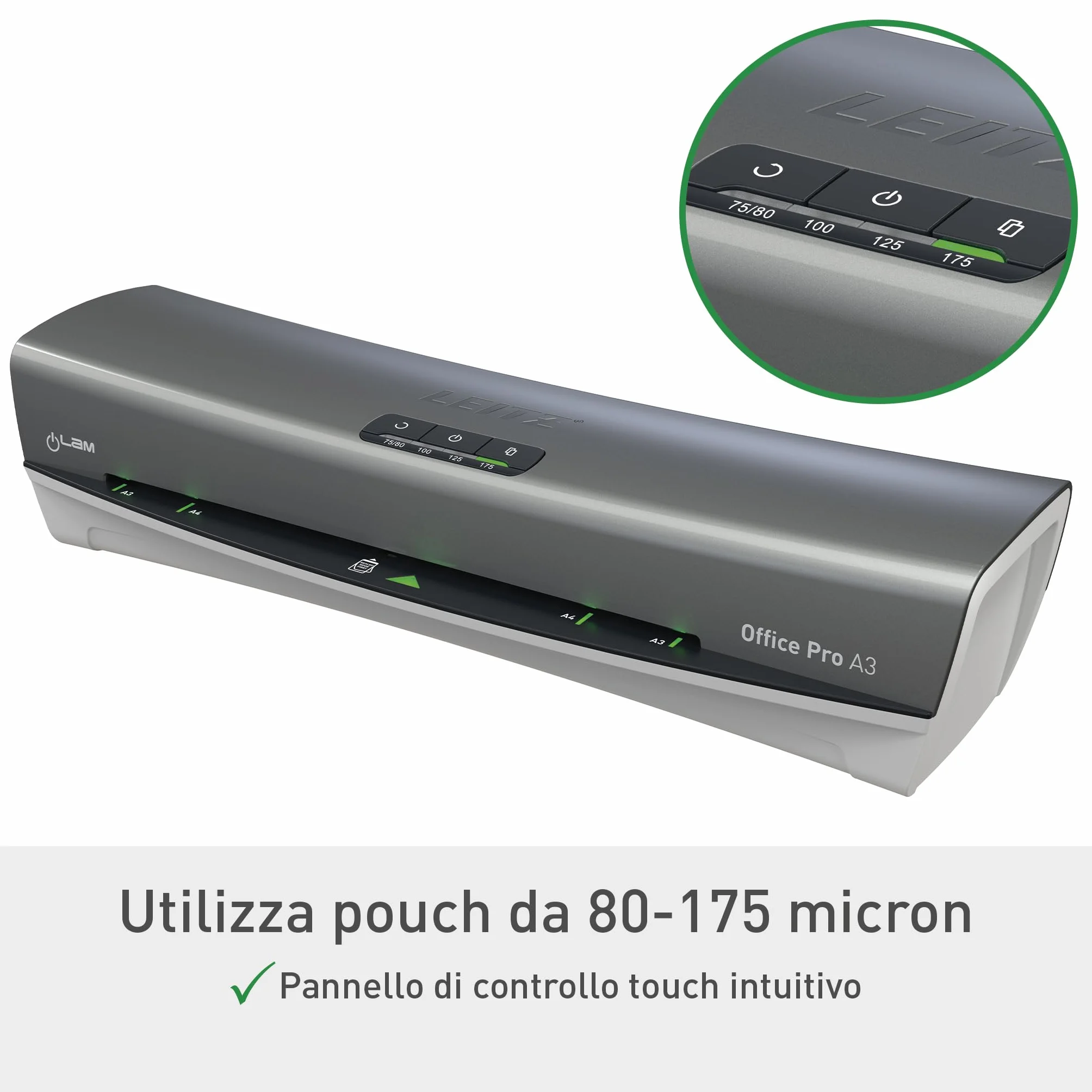 Leitz iLAM Office Pro Plastificatrice A3 ? Riscaldamento ultra-rapido in 1 min, 75-125 mic, anti-inceppamento, spegnimento automatico, include 5 pouch A4 per plastificazione, grigio-bianco, 75180084