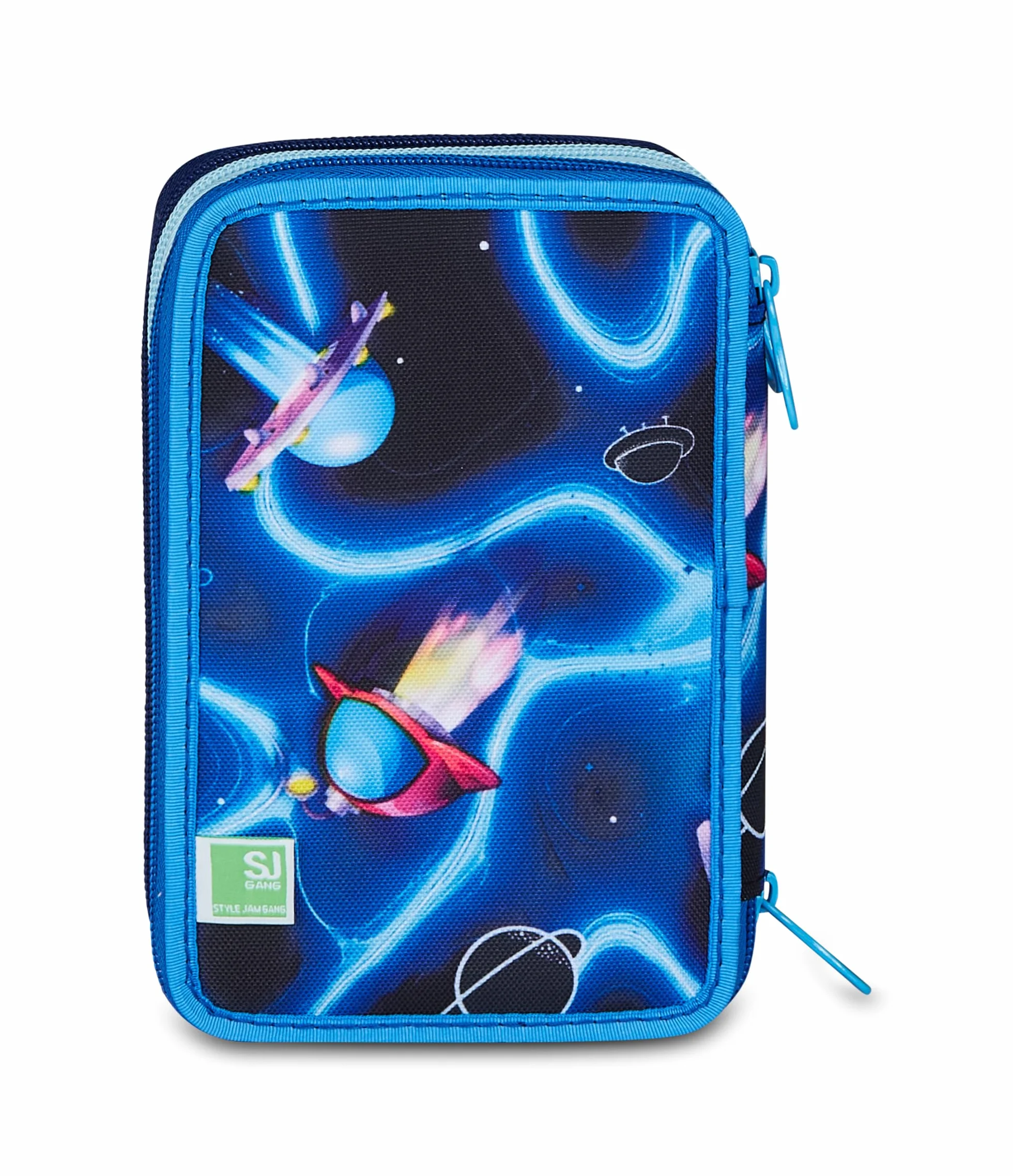 SJ GANG STYLE JAM GANG Astuccio Scuola 3 Zip SPACE LED BOY, Blu, Triplo Scomparto, 45 pezzi, Set cancelleria incluso, Pratica chiusura con zip, Scuola elementare, Bambino