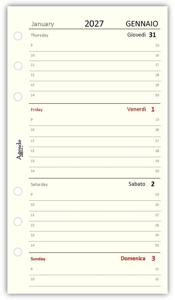 Ricambio Agenda Organizer Settimanale 2027, Bilingue, 9,5x17cm, 90gr, Avorio