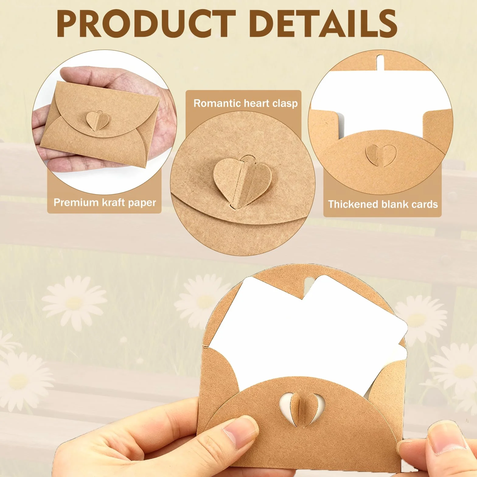 60 Pièces Mini Bustes in Carta Kraft con 60 Biglietti Bianchi, Buste con Chiusura a Cuore per Regalo, Feste, Matrimonio, Natale