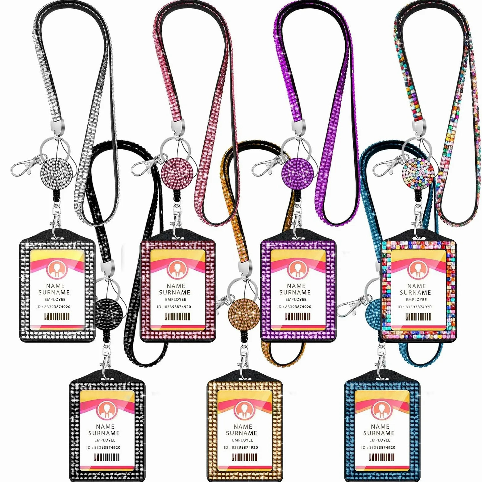 Cordino con strass con porta badge identificativo, cinturino da collo con strass, porta carte retrattile, collana da ufficio, accessori decorativi in 7 colori