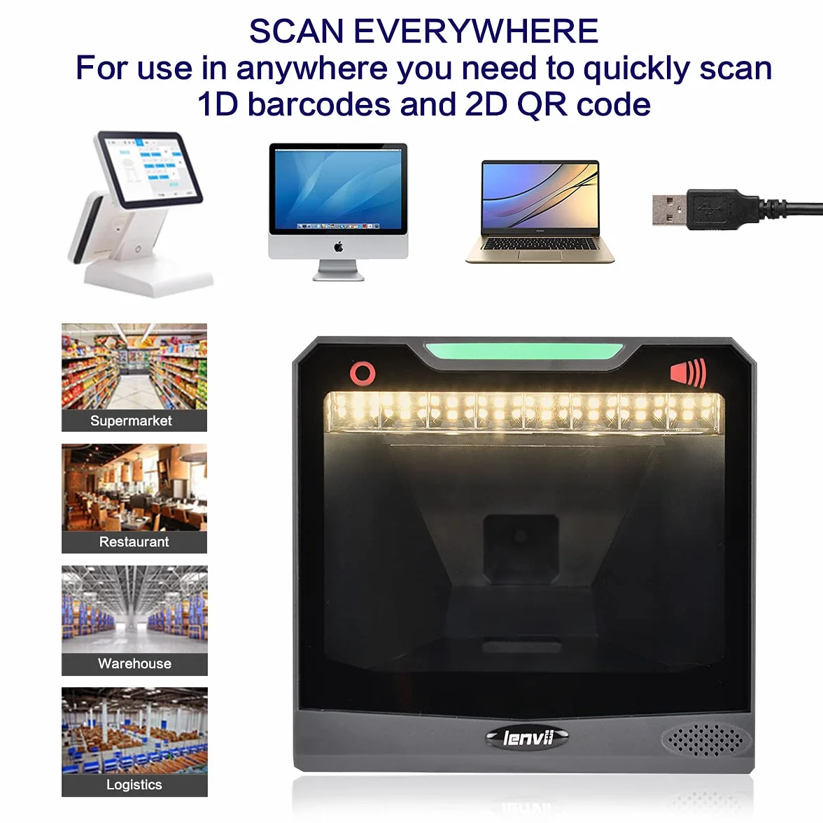 LENVII Lettore Codice a Barre Desktop,1D 2D QR Code Scanner Auto Tavolo Mani Libere,lettore barcode scanner Supporta Linux/Mac/Windows, per Negozi, Supermercati, Distributore Automatico QR Reader