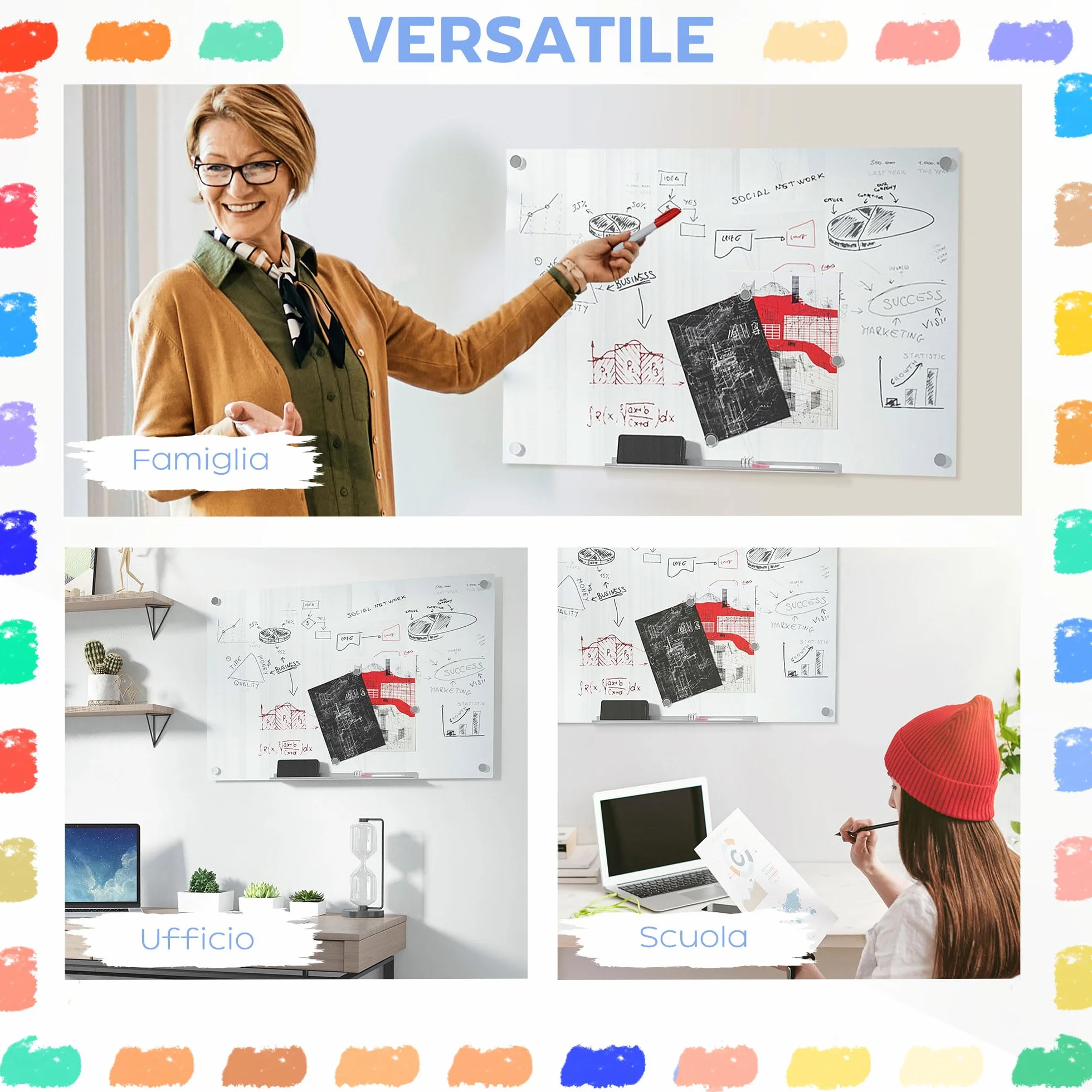 Vinsetto Lavagna Magnetica Cancellabile in Vetro da Parete con 4 Pennarelli Colorati e Cancellino, Lavagna Magnetica in Alluminio per Ufficio Casa Scuola Ristorante, 90x0.4x60 cm Bianco