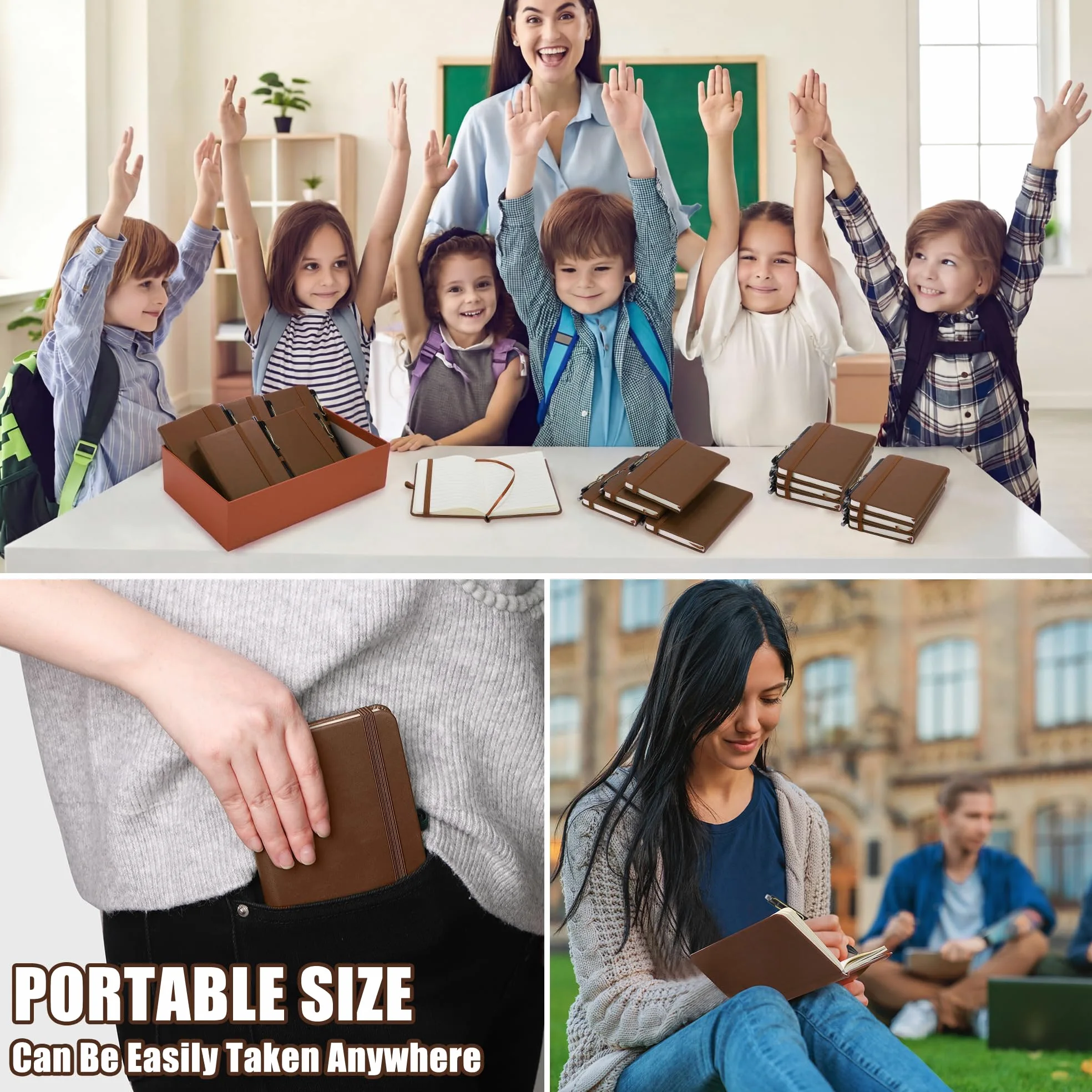 Aodaer Set di 50 quaderni tascabili con penne, 160 pagine, 8,9 x 14,9 cm, mini taccuino a righe, formato A6, in pelle, con copertina rigida, blocco note a righe con portapenne, per scuola, ufficio