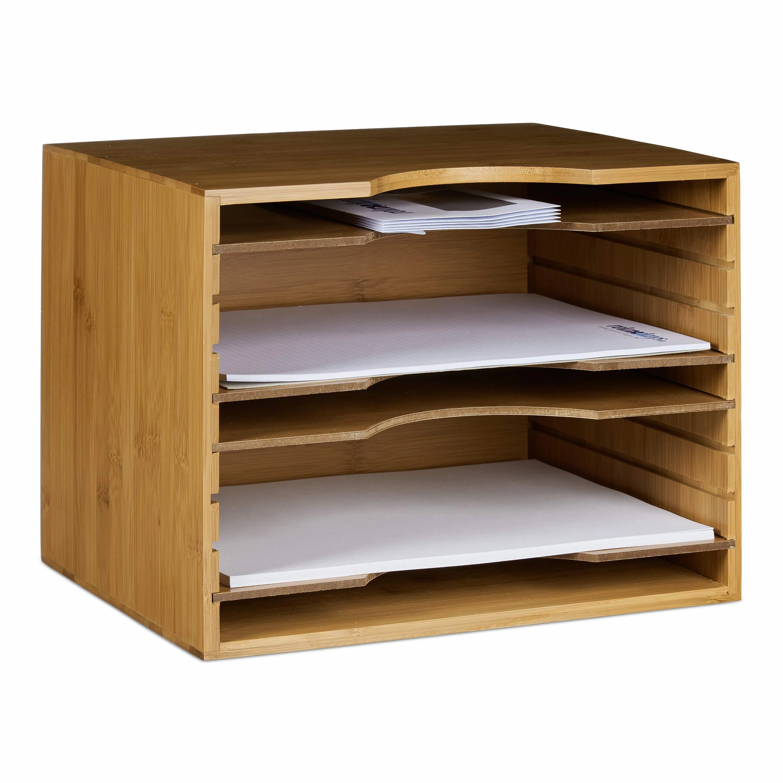 Relaxdays Organizer da Scrivania in Bambù, con 4 Scomparti, Portadocumenti, 26 x 33 x 24,5 cm, Naturale