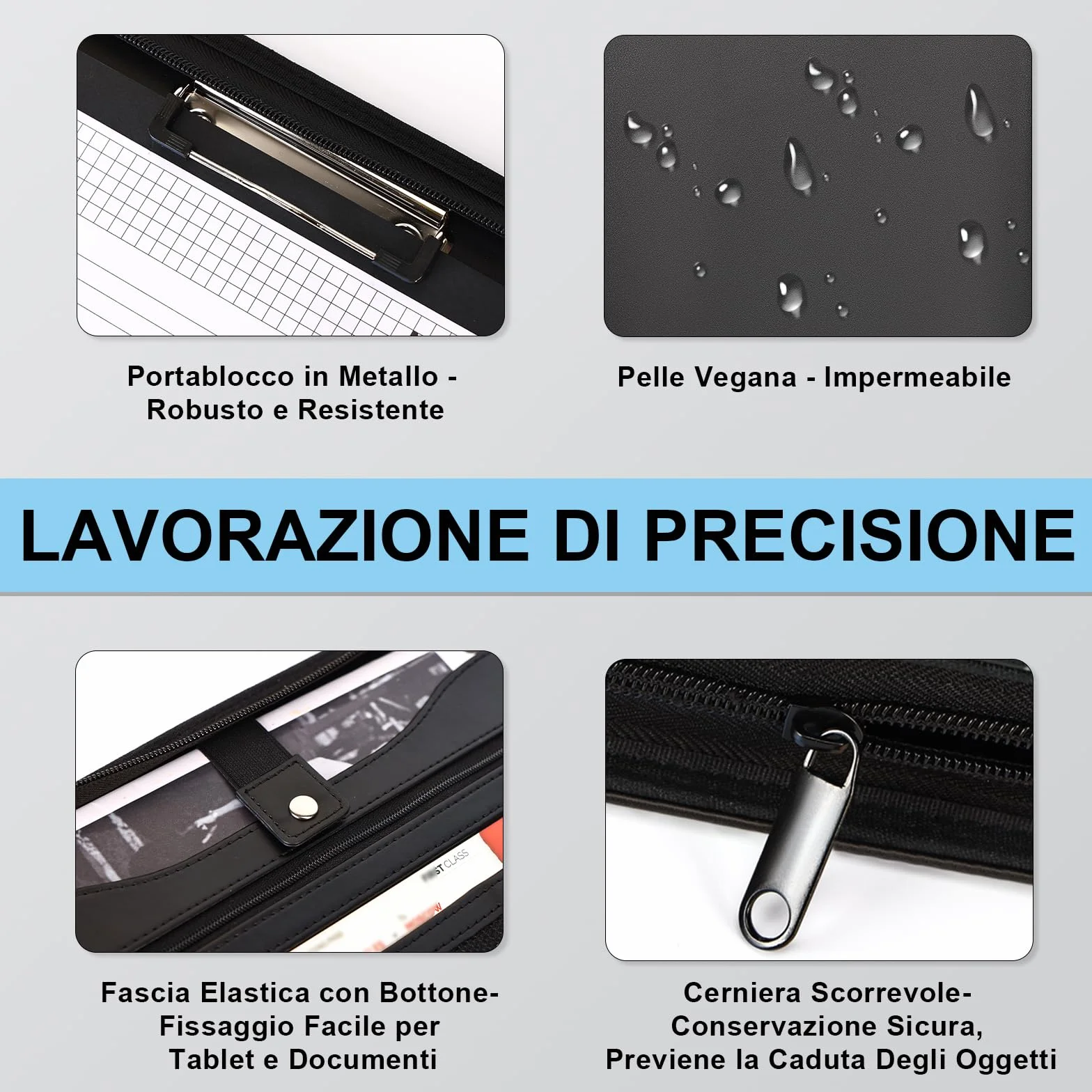 Leathario Cartella portadocumenti A4 pelle vegana organizer con cerniera Nero
