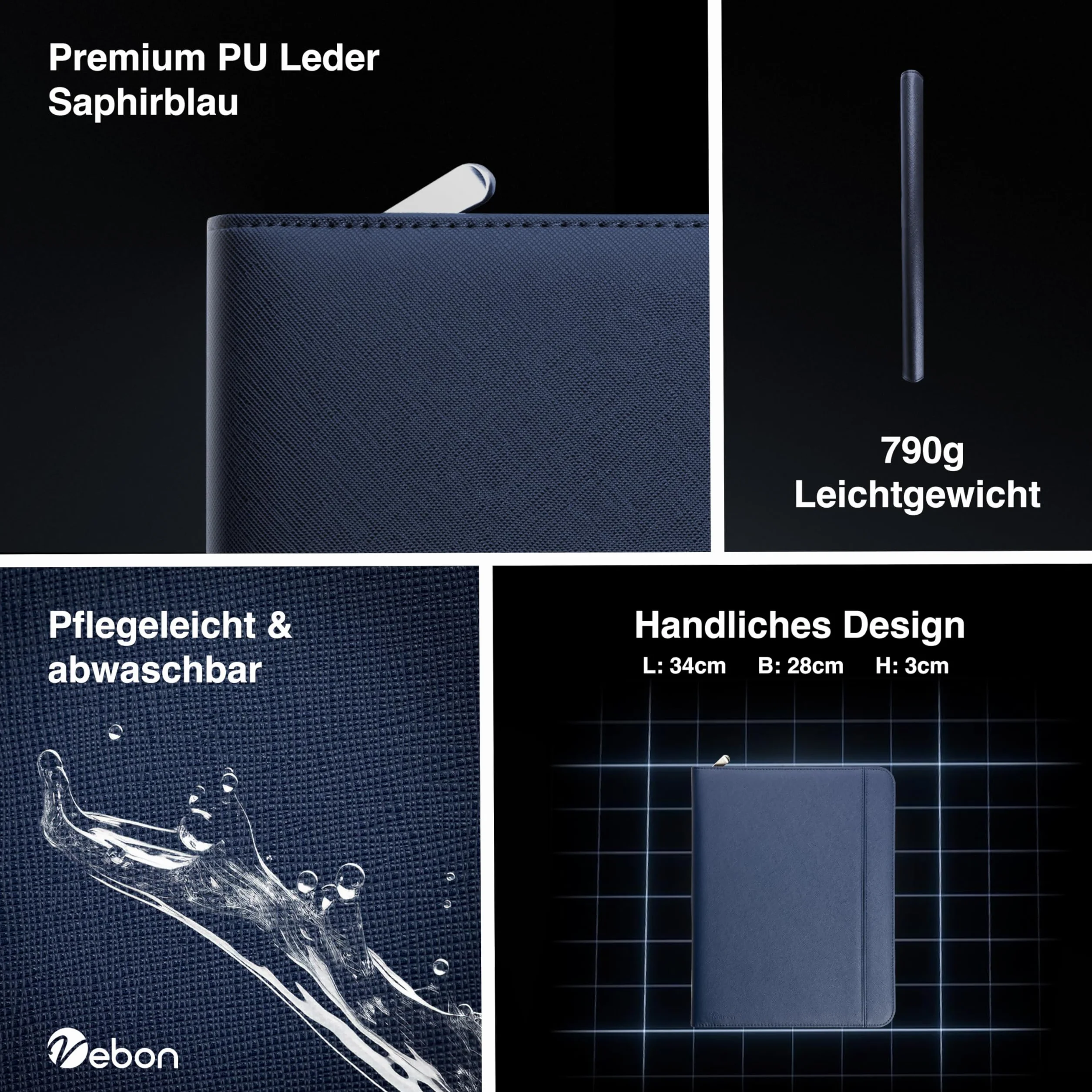 Vebon Cartella per conferenze A4 London pelle vegana chiusura lampo portadocumenti custodia laptop 2in1 blu zaffiro