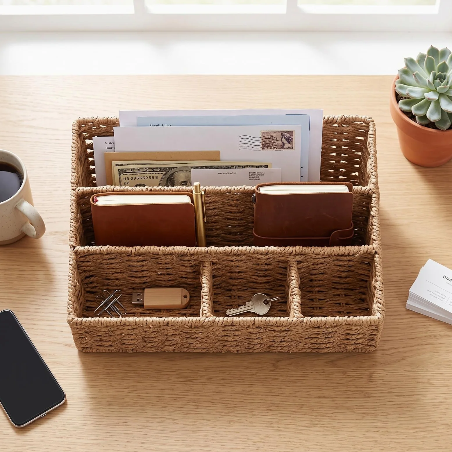 Jectse Organizer Posta in Tessuto Portafile Da Scrivania, 2 Pezzi, for | Organizer da scrivania in rattan naturale con struttura in ferro per forniture per ufficio, vassoio per lettere, contenitore