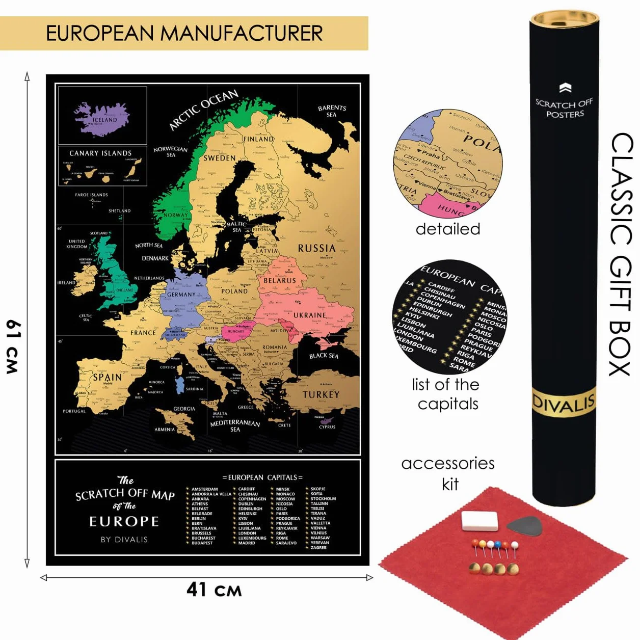 Mappa Europa da Grattare Facile da Incorniciare 60x40 cm – Mappa Europa Gratta – Poster di Viaggio Europa – Mappa Grattabile con Accessori – Travel Map Europe