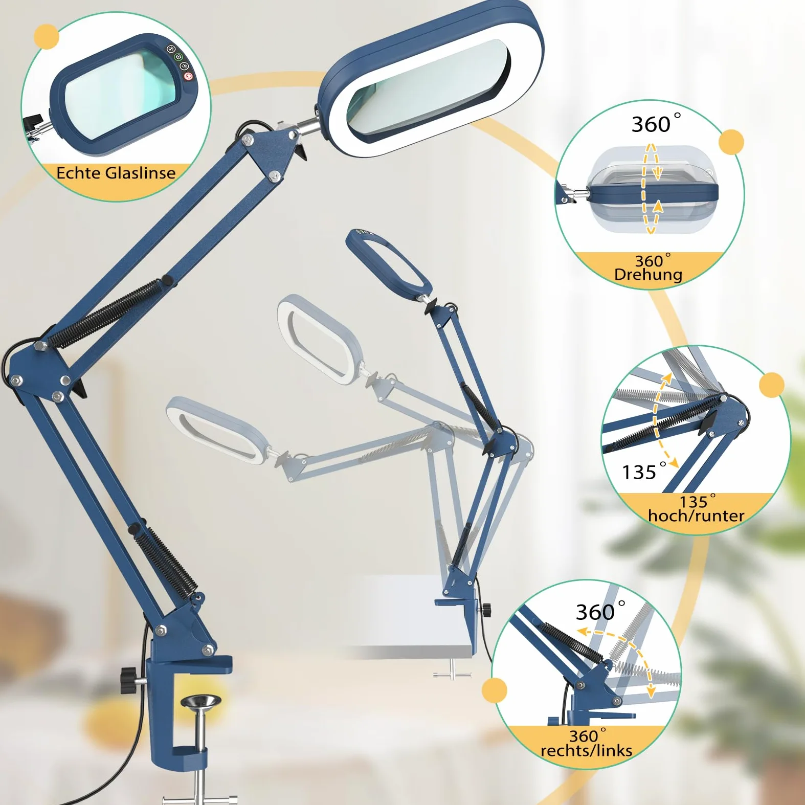 10 lenti con luce e morsetto, lente d'ingrandimento per illuminazione in vetro, 5 modalità di colore e dimmerabilità continua, lampada da scrivania a LED, a mani libere, per artigianato, hobby