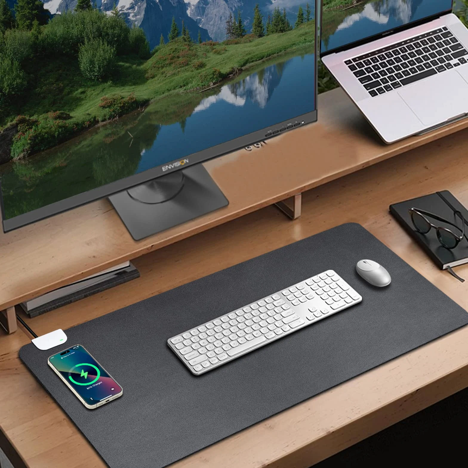 GORESE Sottomano Scrivania Ufficio in Pelle PU, Tappetino mouse con Ricarica Wireless 10W, Supporta Qi, Impermeabile, Nero 90x42CM