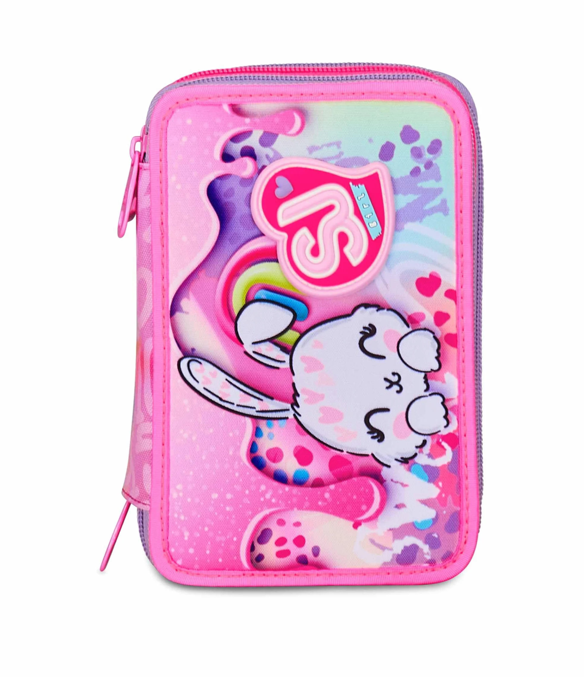 Astuccio Scuola 3 Zip Fucsia Portapenne Triplo Scomparto Completo Penne Matite Colori