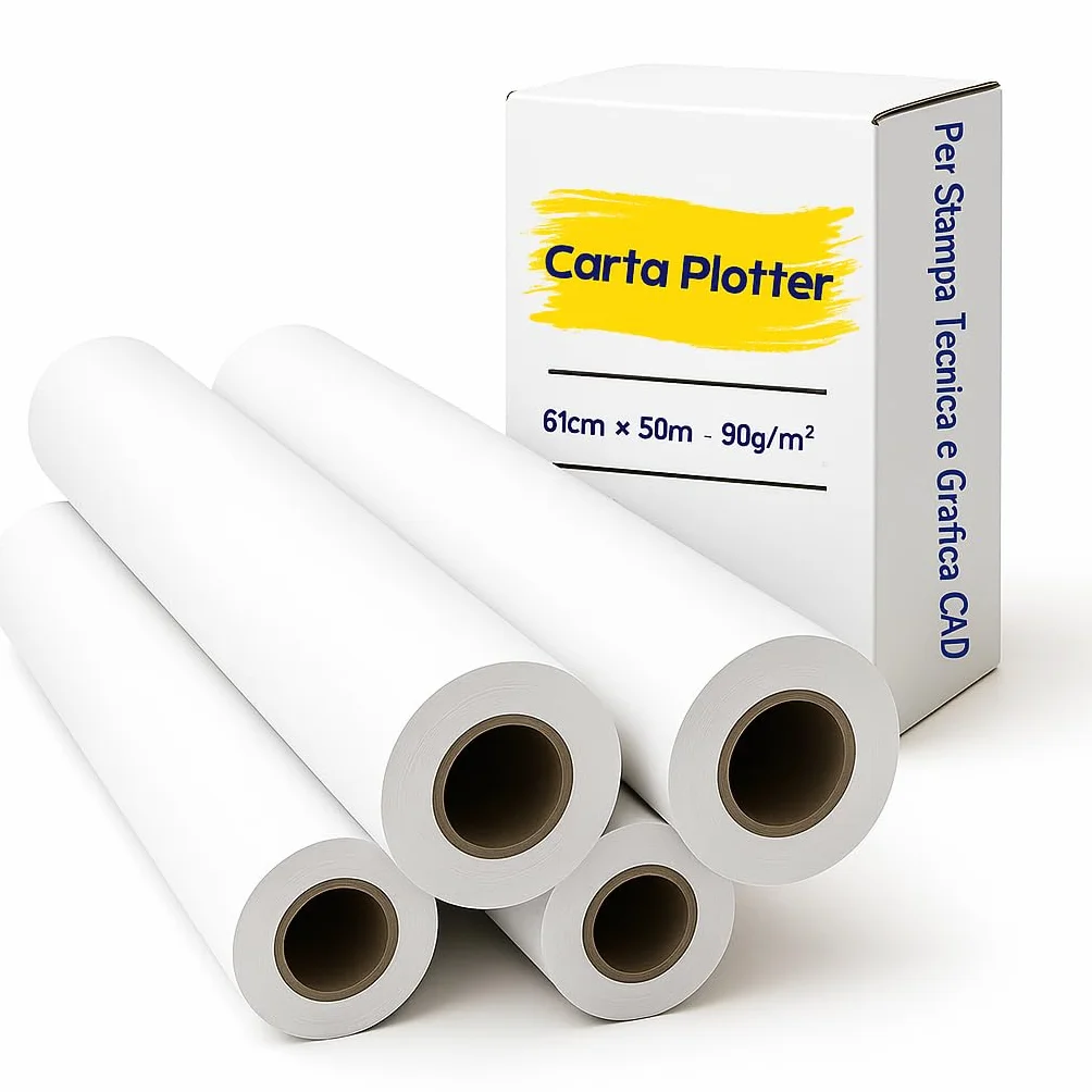 Carta Plotter 61cm x 50m 90g/m² Bianca Professionale Rotolo 4 Pezzi Foro 50mm Ø 96mm