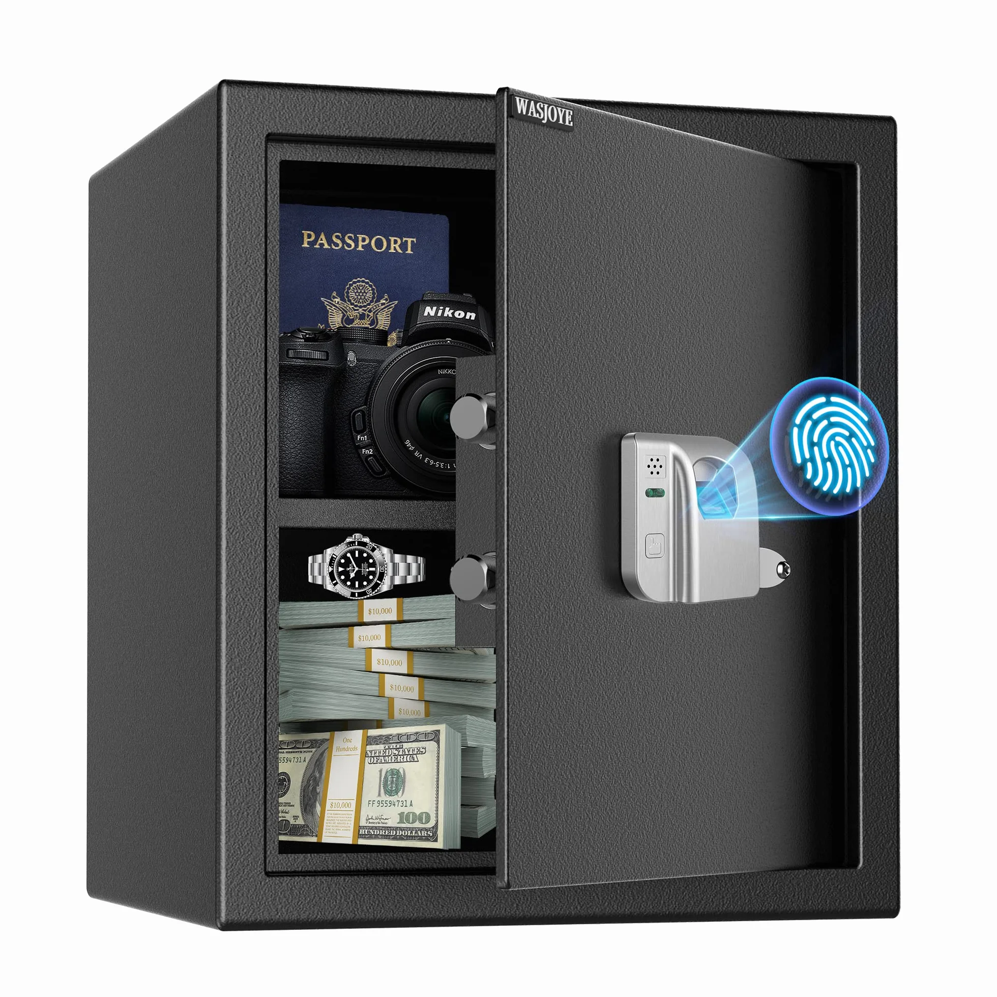 WASJOYE Cassaforte per Impronte Digitali, Cassaforte Biometrica con Chiave, Cassaforte Elettronica Automatica con Identificazione delle Dita, Cassetta di Sicurezza per Casa Hotel Ufficio, 38.08L
