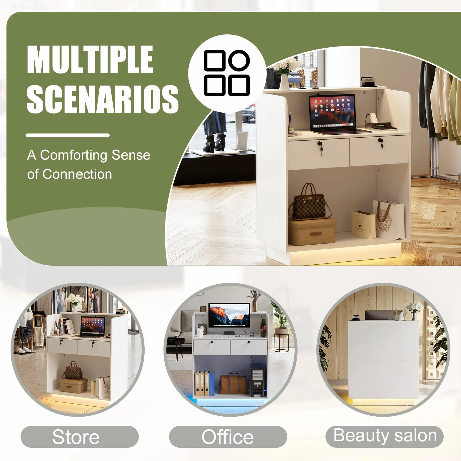 MSFE Banco Receptio Piccolo con LED, Bancone Reception con Cassetti, Bancone Cassa, Armadio Bancon Vendita, Mobili per reception, per Hotel, Ufficio,Centro Estetico,103X80X45cm