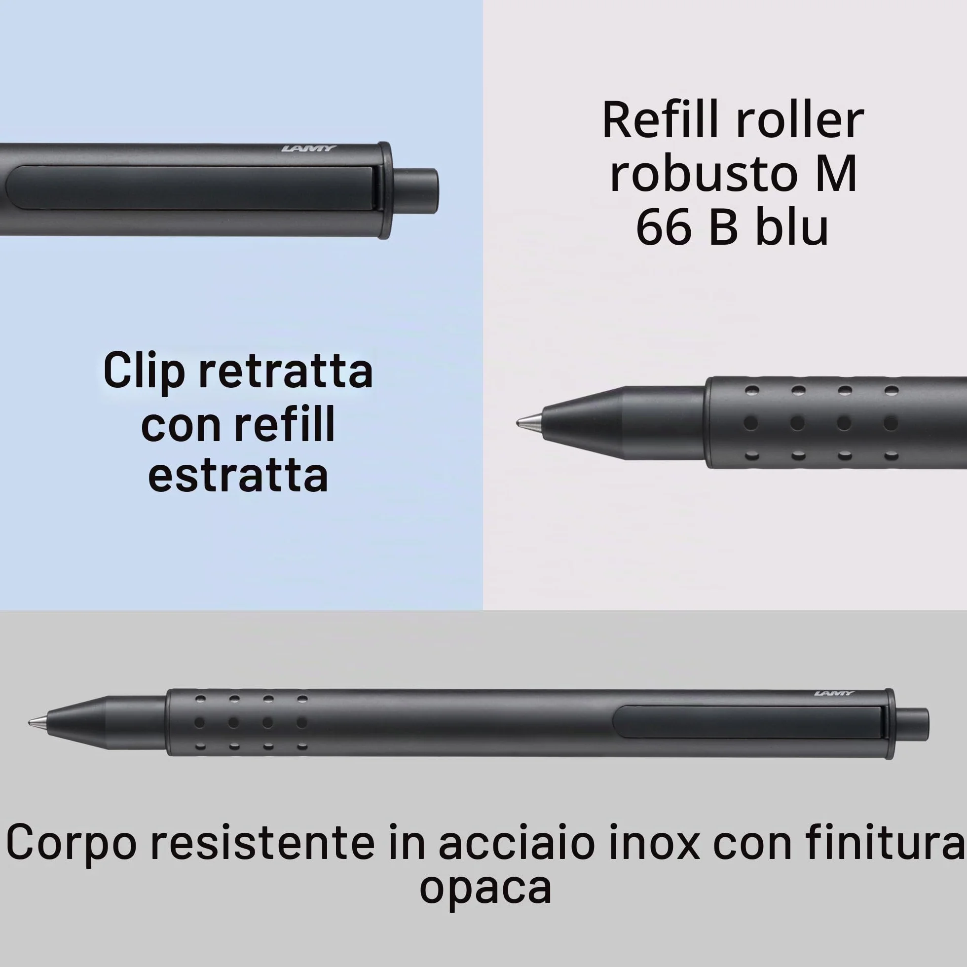 Lamy swift black roller- semplice con un'esperienza di scrittura fluida - involucro robusto in acciaio inossidabile e larghezza di tratto B - con refill roller M 66 blue