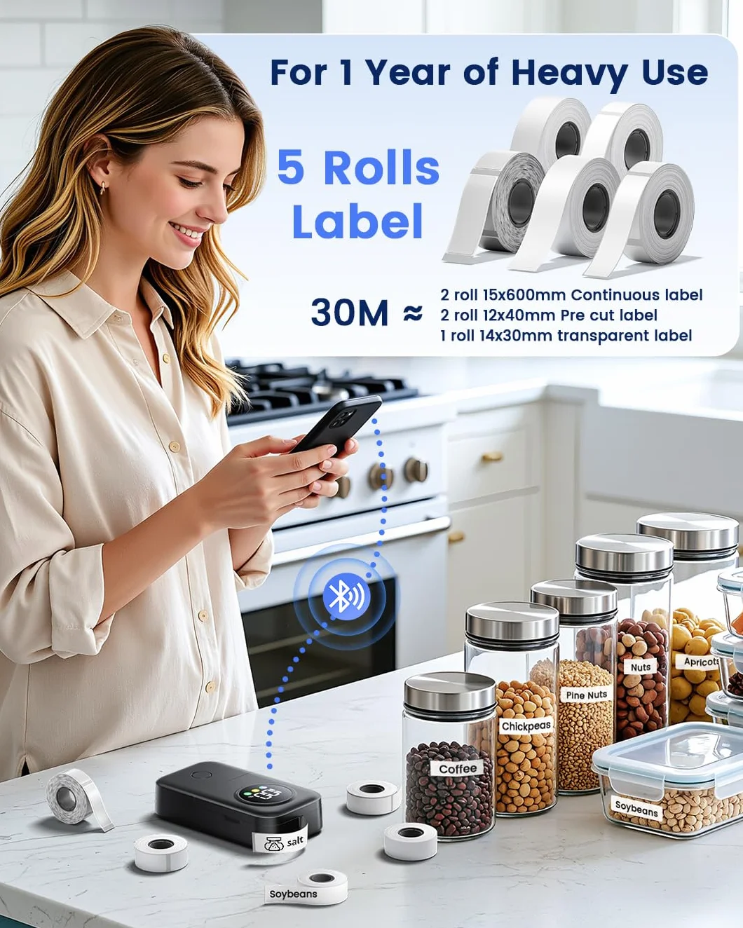 Phomemo D30D Etichettatrice Kit 8 Rotoli Etichette 14 mm×30 mm Colore Laser | Termica Bluetooth con Schermo LED, Stampante Autoadesiva Personalizzabile per Ritorno a Scuola, Casa e Ufficio