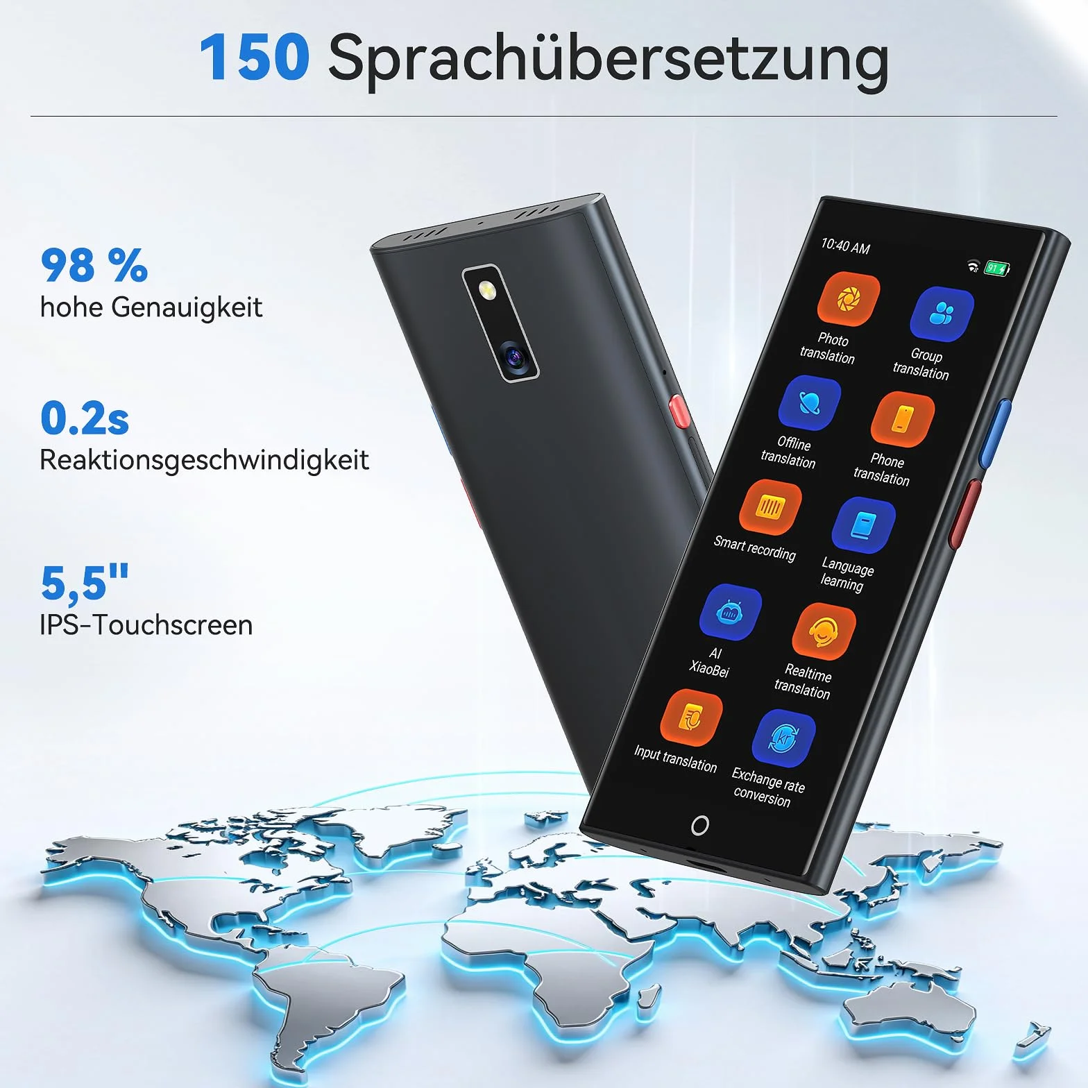 Dispositivo di Traduzione Vocale,Traduttore con Sintesi Vocale,150 lingue Traduzione AI online e offline,Traduzioni di Gruppo e Telefoniche,Non richiede WiFi,Schermo HD da 5,5" per Viaggi e Affari