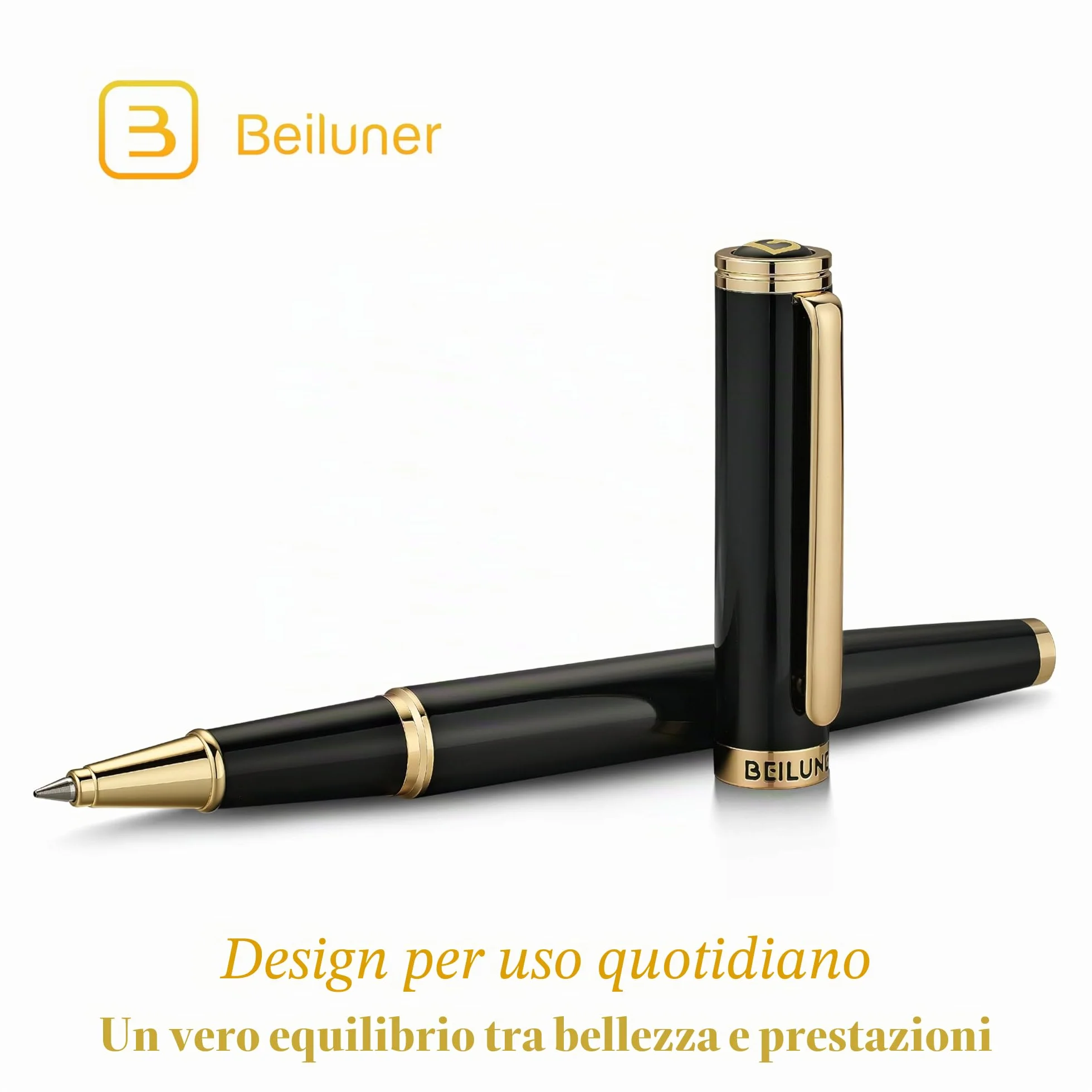 BEILUNER Penna Rollerball di Lusso Finiture Oro 24K, Design Nobili ed Eleganti, Ricambio Schneider, Set Regalo per Uomo e Donna, Professionale, Ufficio Dirigenziale - Nero & Oro