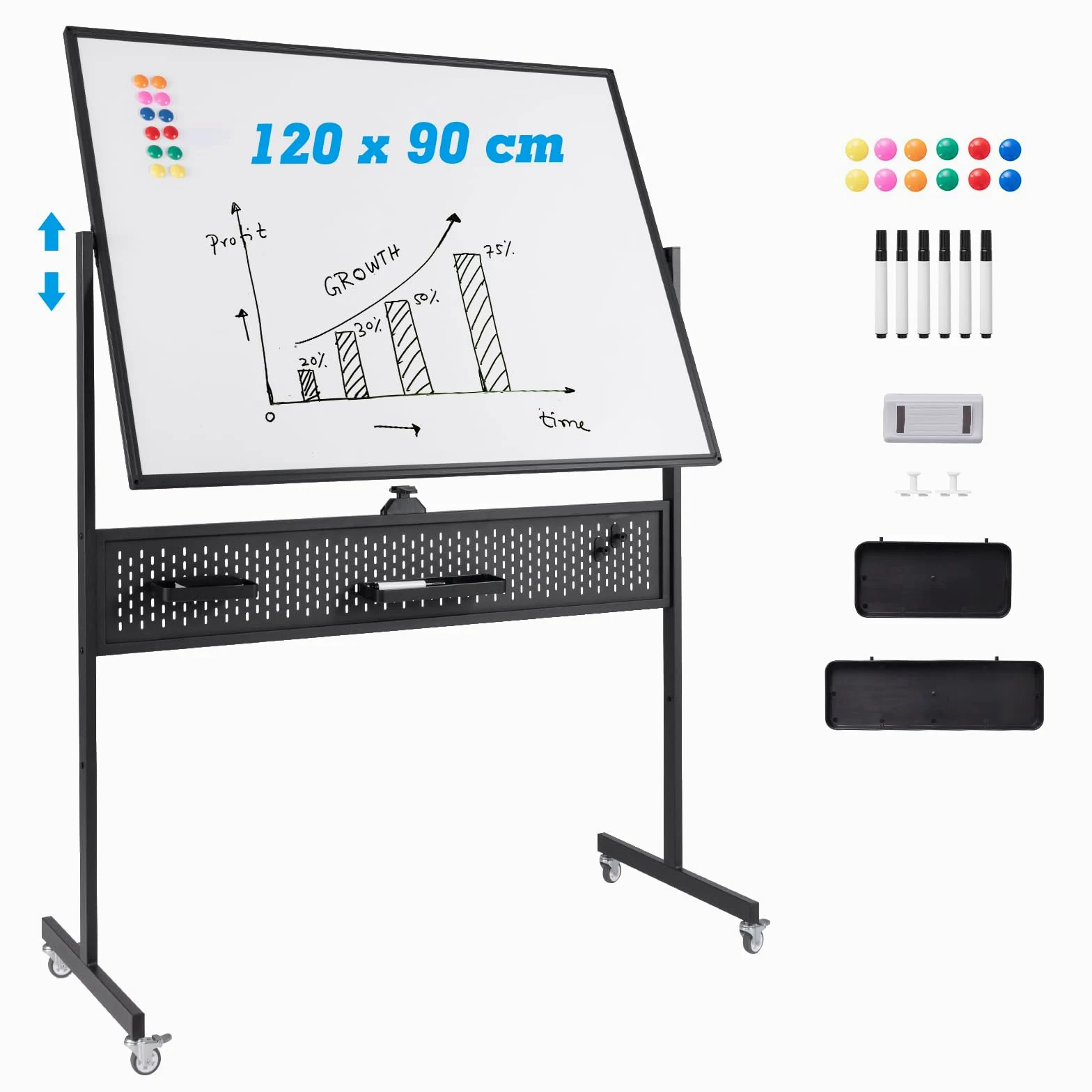GIANTEX Lavagna bianca mobile double face, 120 x 90 cm, lavagna magnetica su gambe regolabile in 2 altezza, telaio in metallo, pannello perforato, 12 magneti, lavagna bianca rotella, nero