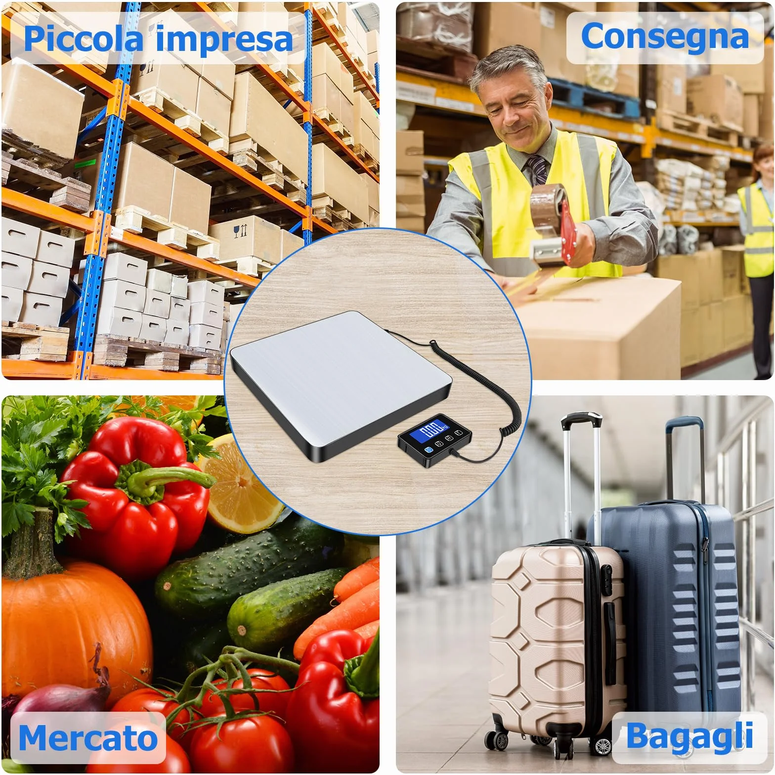 Bilancia Pesa Pacchi 200kg / 10g Alta Precisione LCD Hold Tara Acciaio Inossidabile