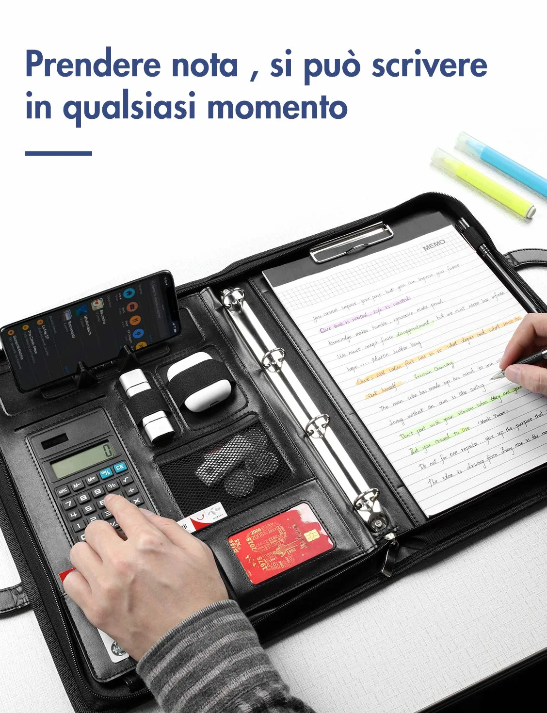 LOETAD Cartella Portadocumenti A4 con Cerniera Pelle Impermeabile Organizer da Viaggio con Portablocco Raccoglitore ad Anelli