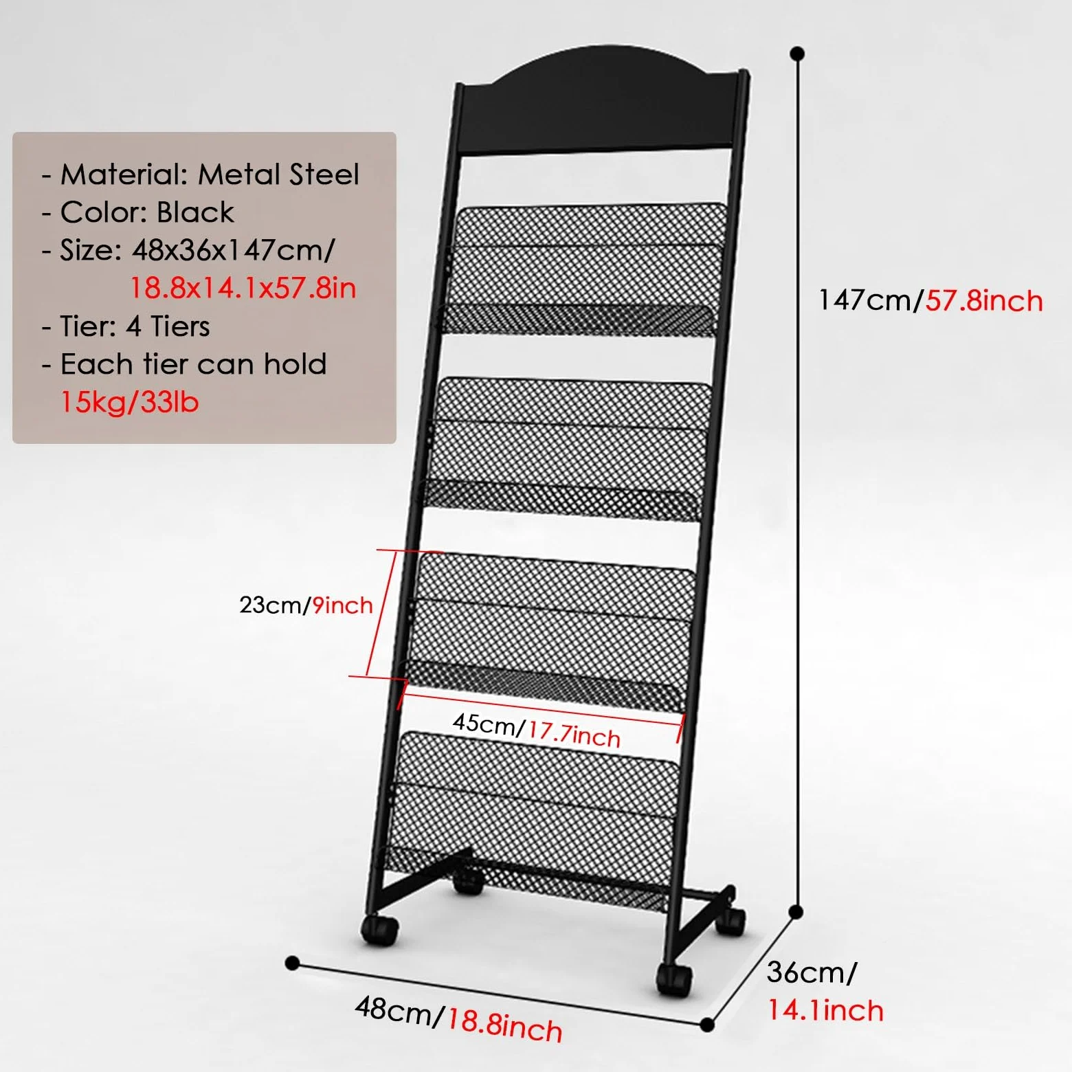 Portariviste, portariviste in Metallo con Ruote a 4 Ripiani, libreria Mobile per giornali, Letteratura, Documenti e brochure, Organizer per Posta da Ufficio - Nero, 48x36x147 cm