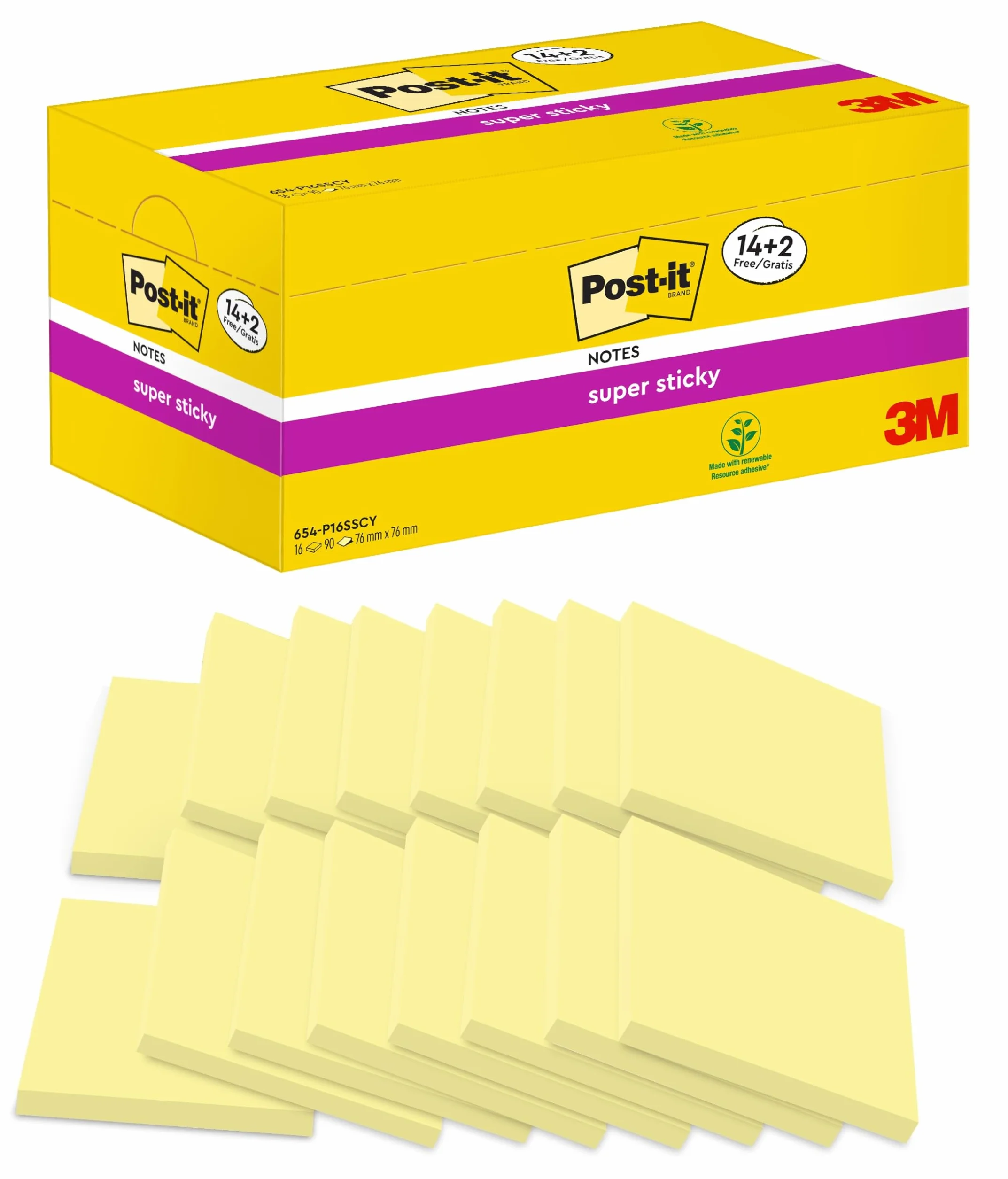Post-it Super Sticky Foglietti Adesivi 76mm x 76mm Giallo 14+2 blocchetti 90 fogli