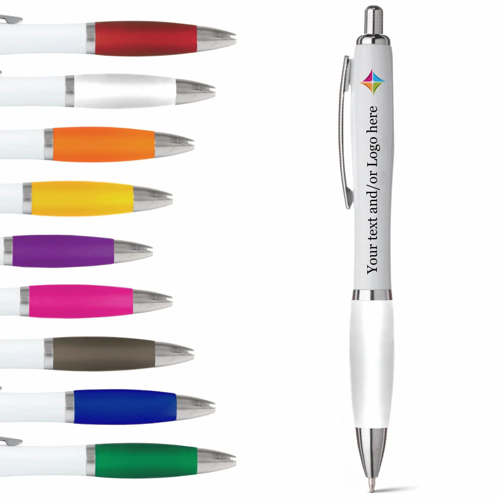 stika.co Set di 120 penne promozionali bianche, penne a sfera in gomma personalizzate per scuola, lavoro ed eventi, stampa UV, colori vivaci, con ampio spazio per il marchio