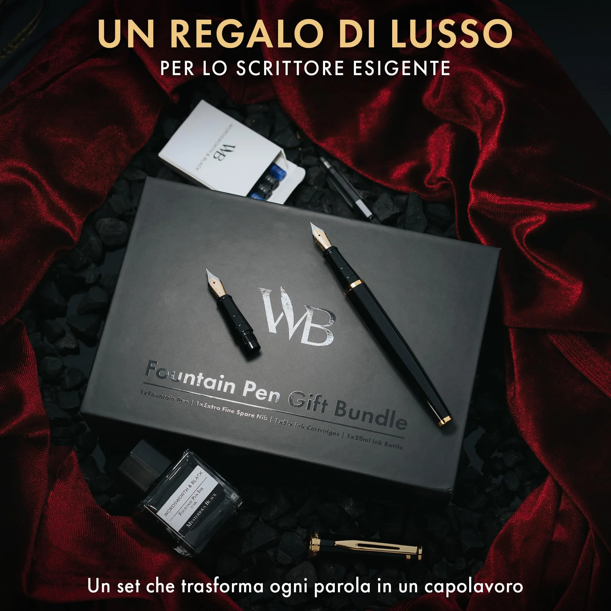 Wordsworth & Black Set di Penne Stilografiche, Pennino Medio e Extra Fine 18K Oro, Bottiglia Inchiostro Nero 25ML, 6 Cartucce, Convertitore, Confezione Regalo – [Nero Oro], Set per Uomini e Donne.