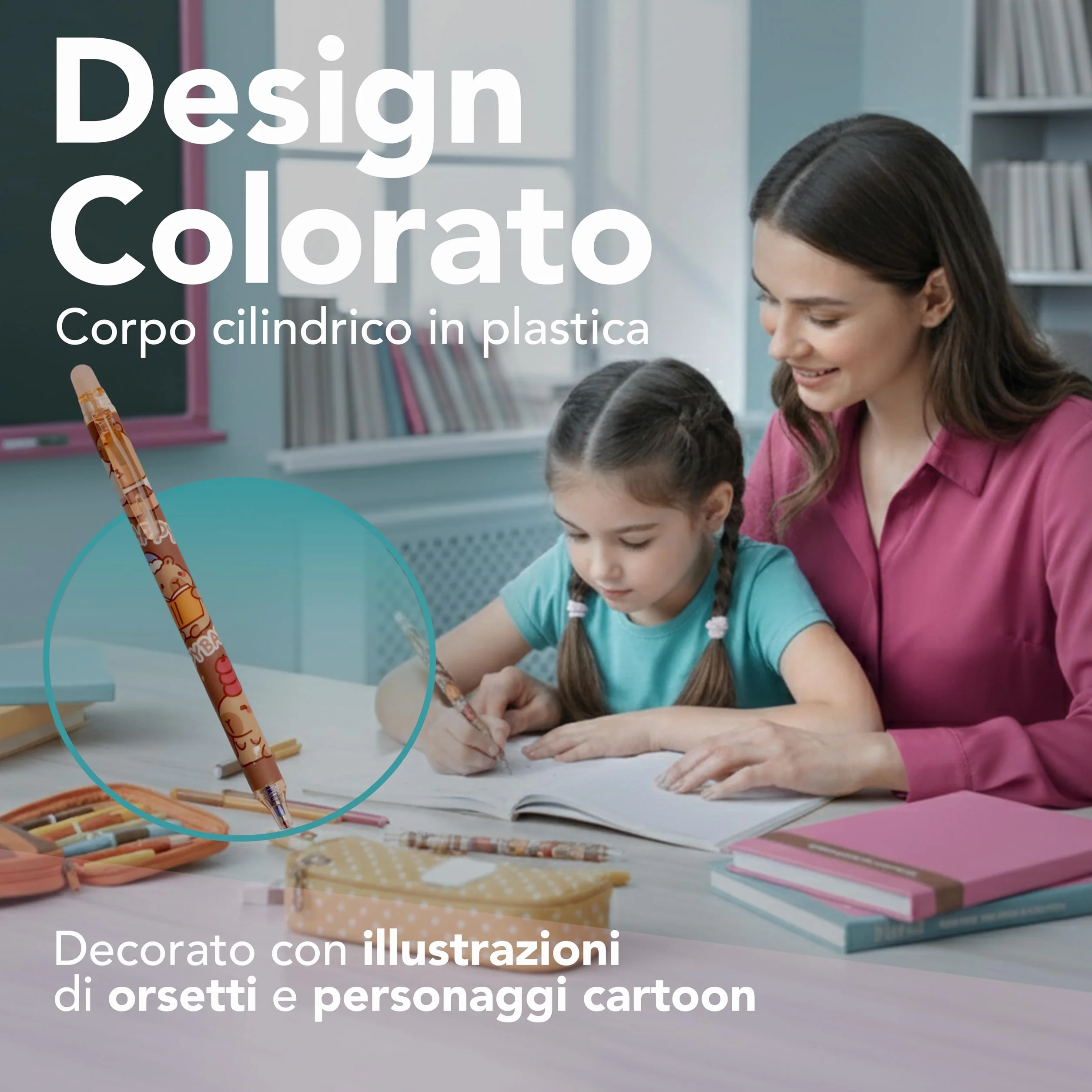 Generico Penne Cancellabili per Bambini Punta Fine 0,5 mm 6 Pezzi Ricaricabili Inchiostro Cancellabile Design Cartoon