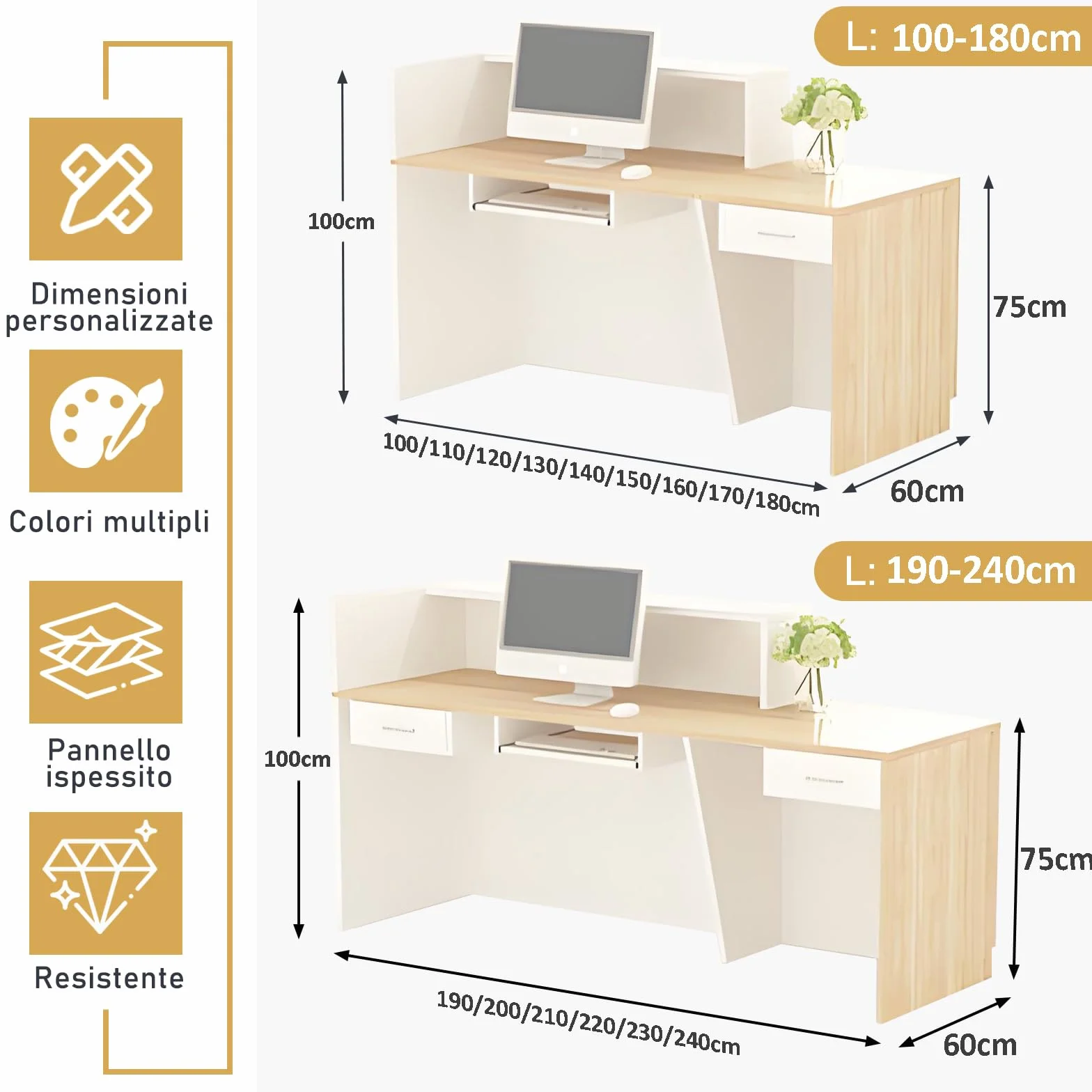 Bancone Reception, Banco Reception con Cassetto e Ripiani Aperti, Banconi Reception da 100–240 cm, Moderno per Ufficio, Adatto per Saloni, Yffici, Hall, Negozi al Ddettaglio